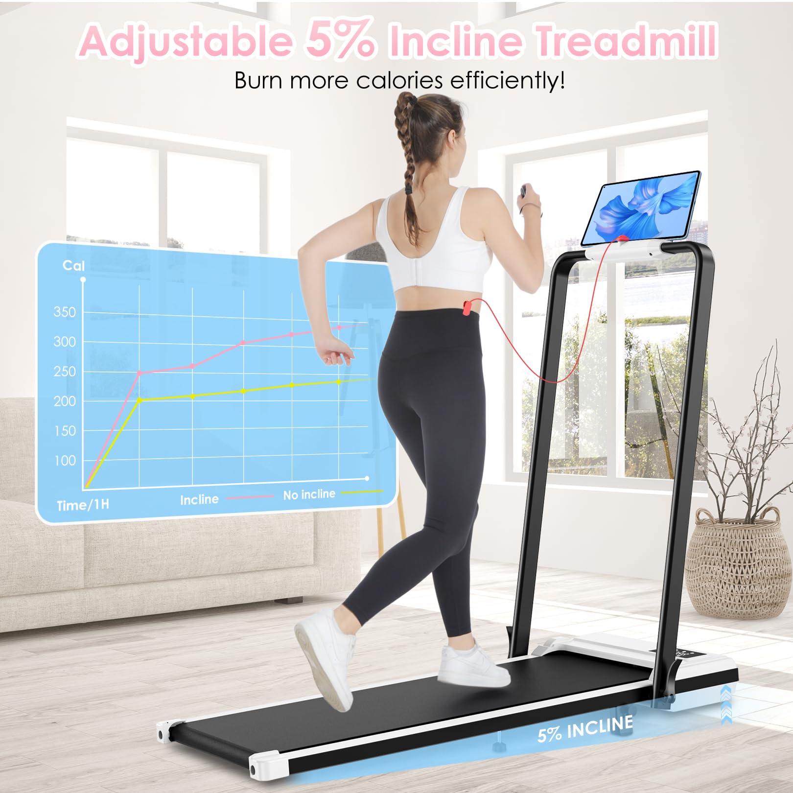 ANCHEER Treadmills with Incline, 7.5MPH Under Desk Treadmill/2s Folding/Max 350 lb Capacity-Walking Pad/Compact Electric Treadmill for Home/Gym/Office with LED Touch Screen/Remote Watch