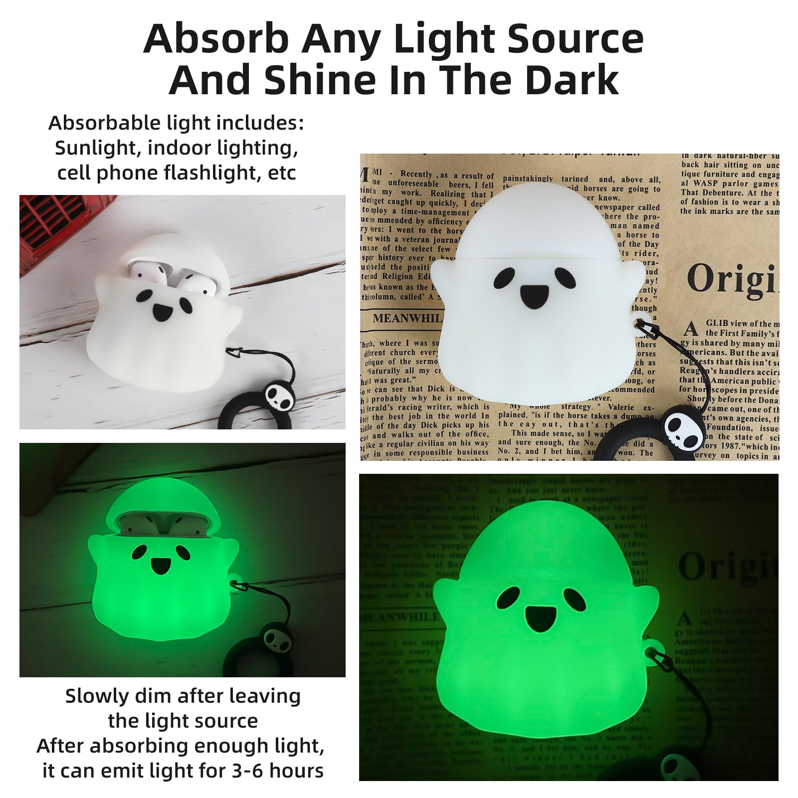Compatible with AirPods 2nd/1st Generation Case, Glow in The Dark Funny 3D Ghost Case for Airpods 2/1 with Cleaner Kit, Cute Soft Silicone Protective Skin AirPods Case for Women Men Girls Boys
