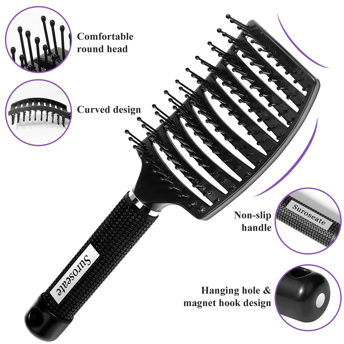 Suroseate Hair Brush, Detangler Hair Brushes for Women Men Kids Faster Blow Drying, Curved Vent Detangling Brush for Wet Dry Curly Straight Thick Thin Hair Adds Shine, Makes Hair Smooth (black)