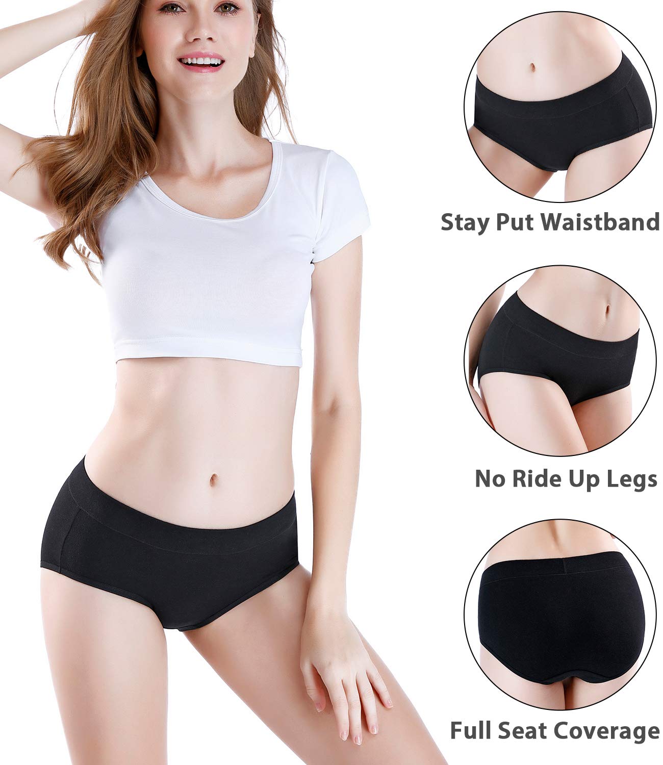 wirarpa Women's Underwear Cotton Mid Waisted Ladies Panties Full Coverage Briefs Black Large