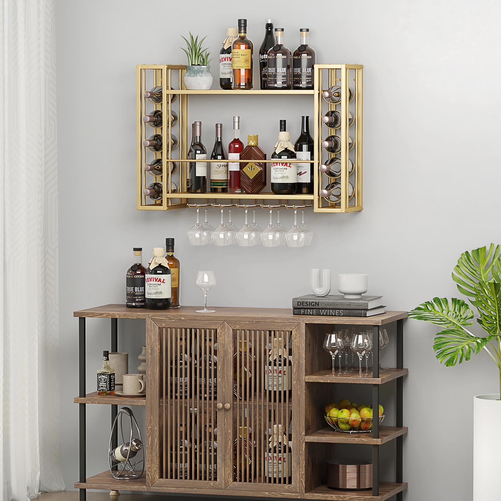 Woskar Wall Mount Wine Rack,Metal with Glass Holder, Space-Saving Liquor Display Storage for Home Bar, Kitchen, Sturdy & Stylish Design, Gold (55.8" W x 21.65" H x 9.84" D)