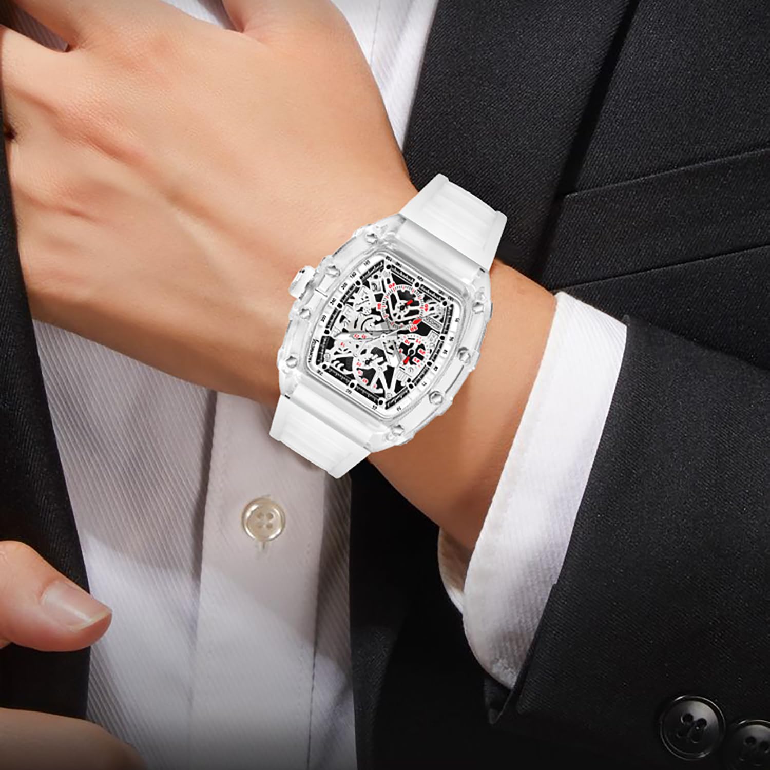 BESTKANG Fashion Hollowed Men Watches Transparent Tonneau Analog Display Quartz Date Waterproof Male Wrist Watch (White)