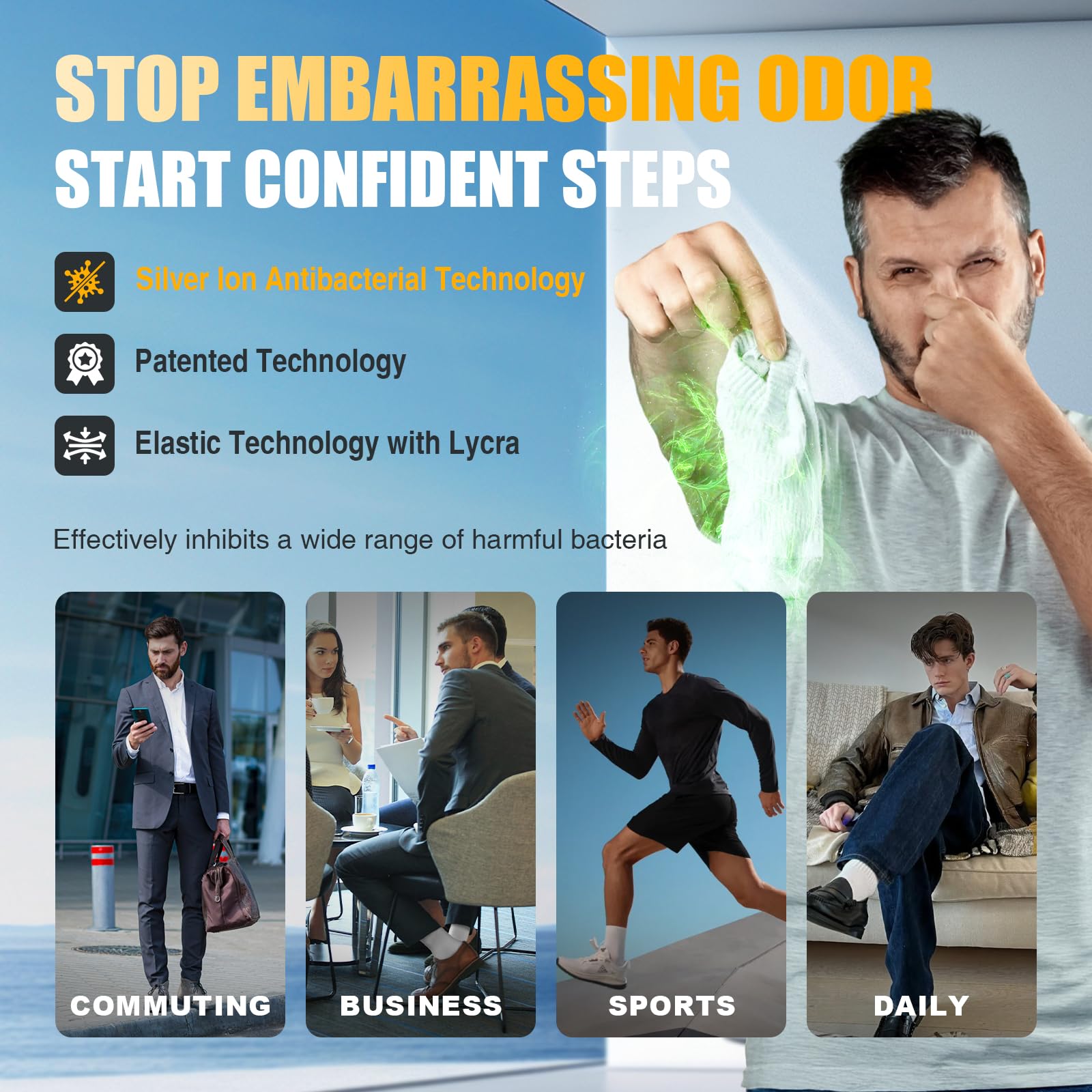 KAVOBO Men's Silver Ion Moisture Wicking Socks - Odor Control Defense Mid-Calf, Breathable Cotton Gift Pack