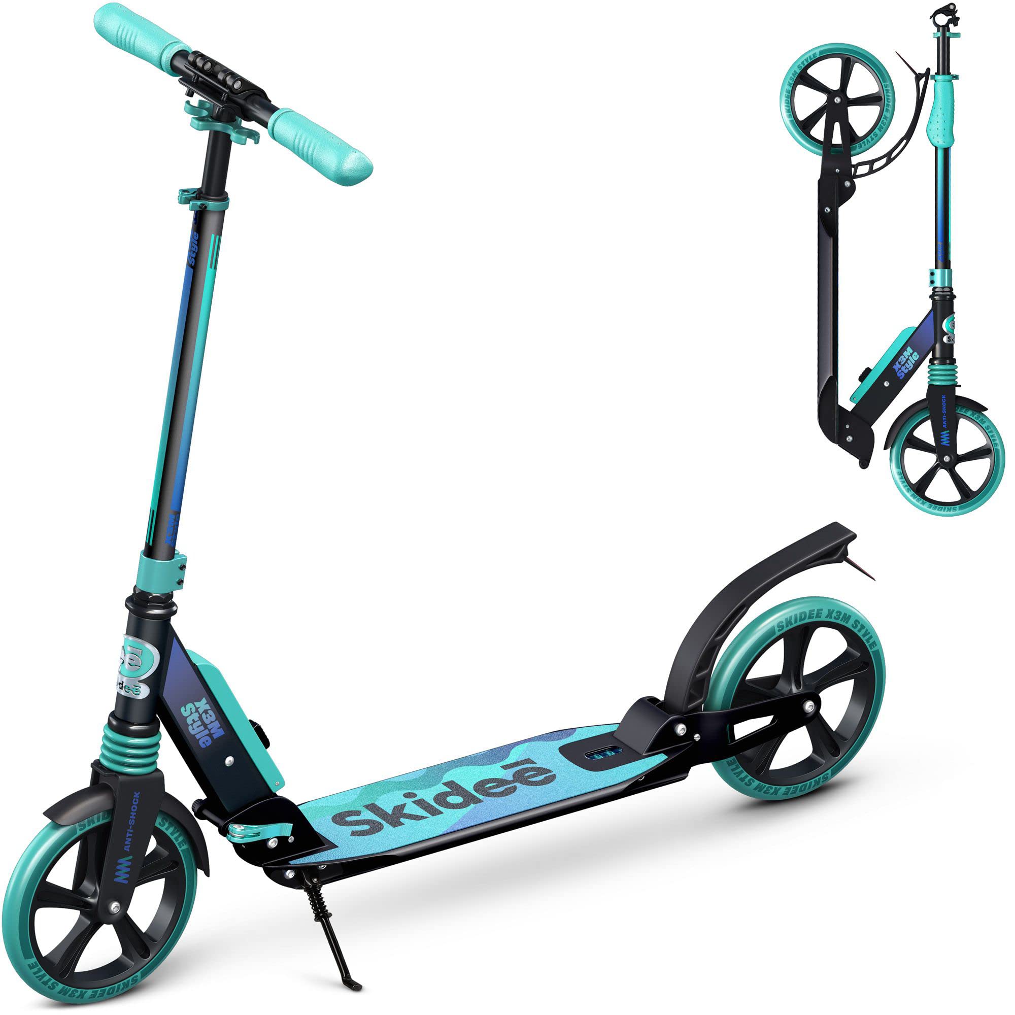 Skidee Kick Scooter for Kids Ages 6+ - Adjustable Handlebar Up to 41" High, Large Wheels, Anti-Shock Suspension - Foldable, Lightweight Scooters for Kids, Teens & Adults, Max Load 220 Lbs