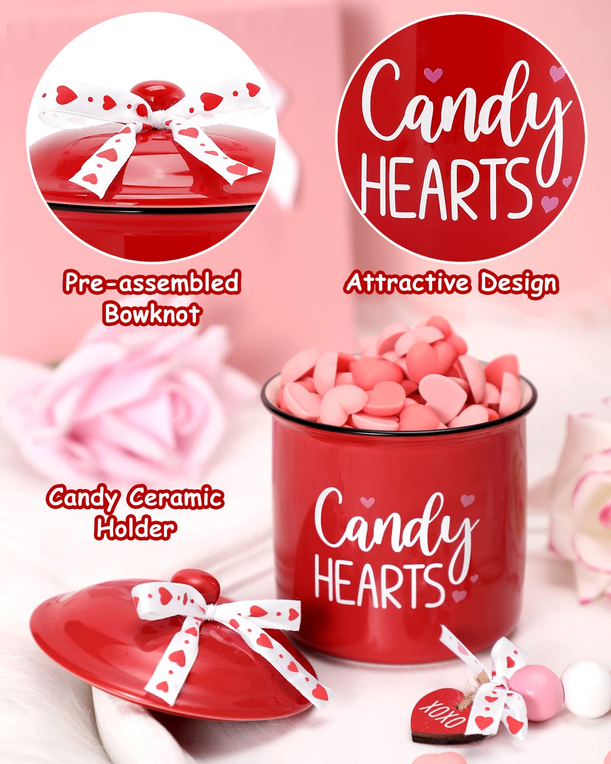 Candy Hearts Tiered Tray Decor Mini Ceramic Canister Valentine's Day Red Decorative Jar Xoxo Slice February 14th Love Candy Holder with Bowknot Home Kitchen Accessory Table Centerpiece Gift Set of 1