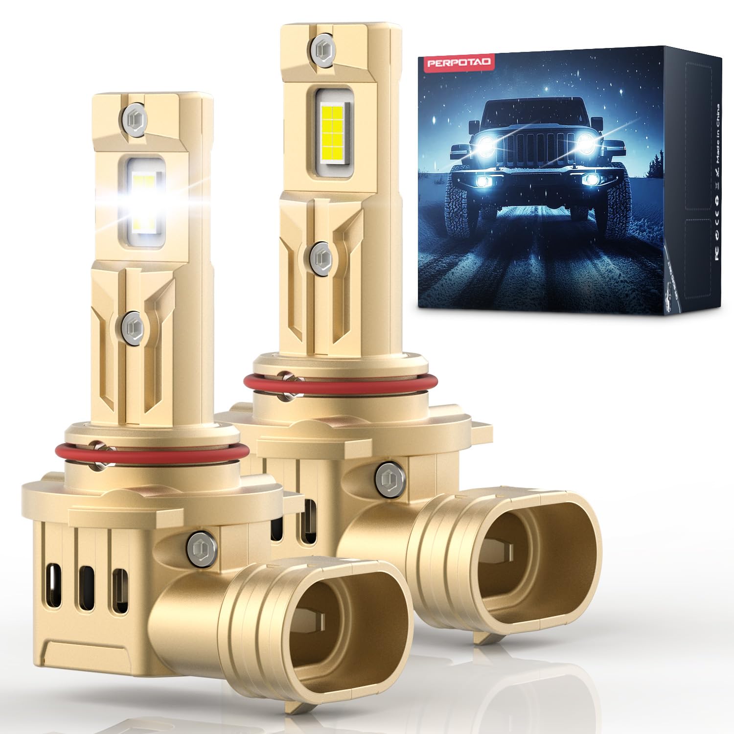 PERPOTAO 9005/HB3 Bulbs, 46000LM 800% Ultra Bright, 60000H Long Life, 6000K White, Mini 1:1 Fit, IP68, Plug & Play, 2-Pack