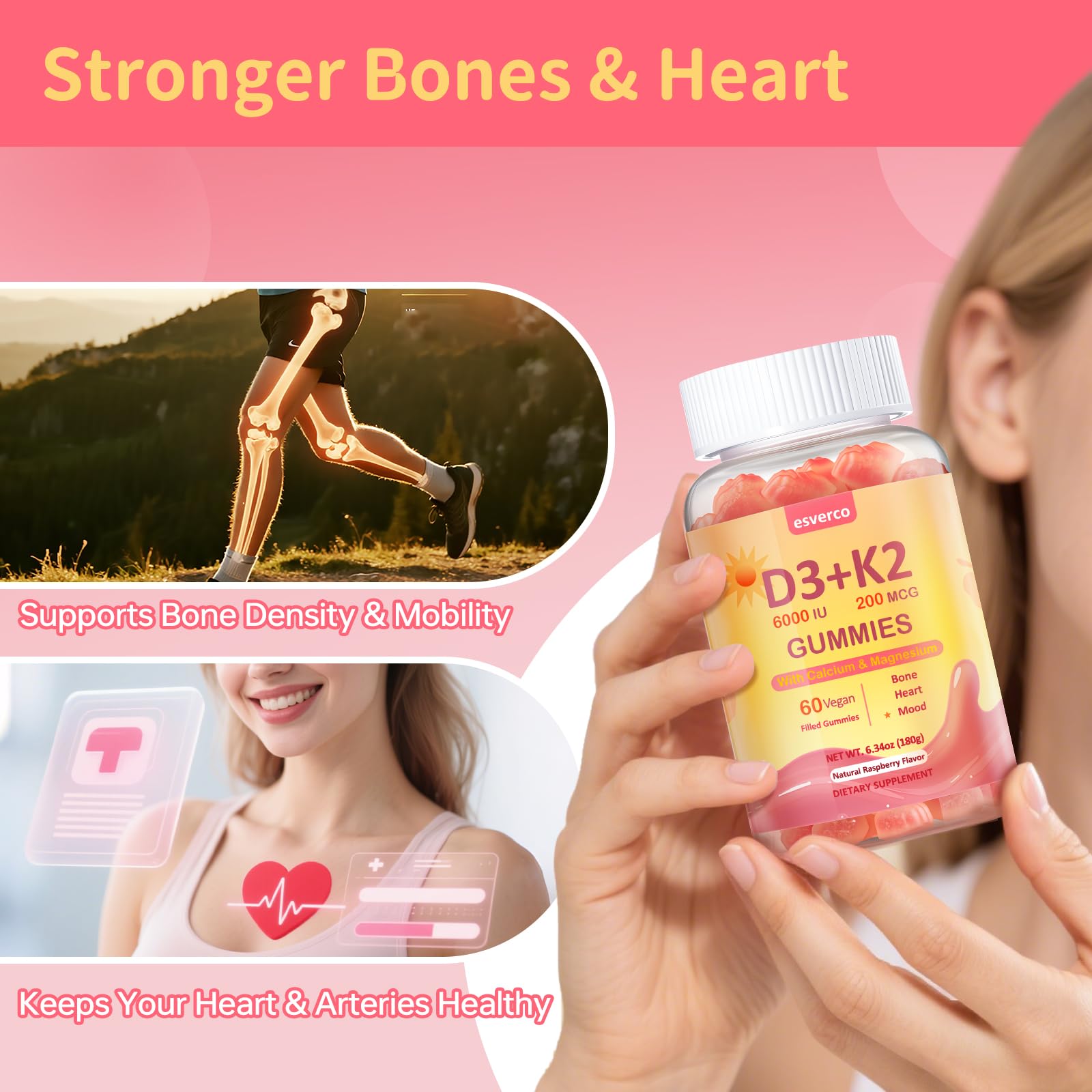 esverco Vitamin D3 K2 Gummies, 6000 IU Vitamin D3 + 200 mcg K2 (MK-7) with Calcium, Magnesium Glycinate, Extra Strength, High Absorption for Bone, Muscle, Teeth, Vegan, Raspberry Flavor, 120 Count