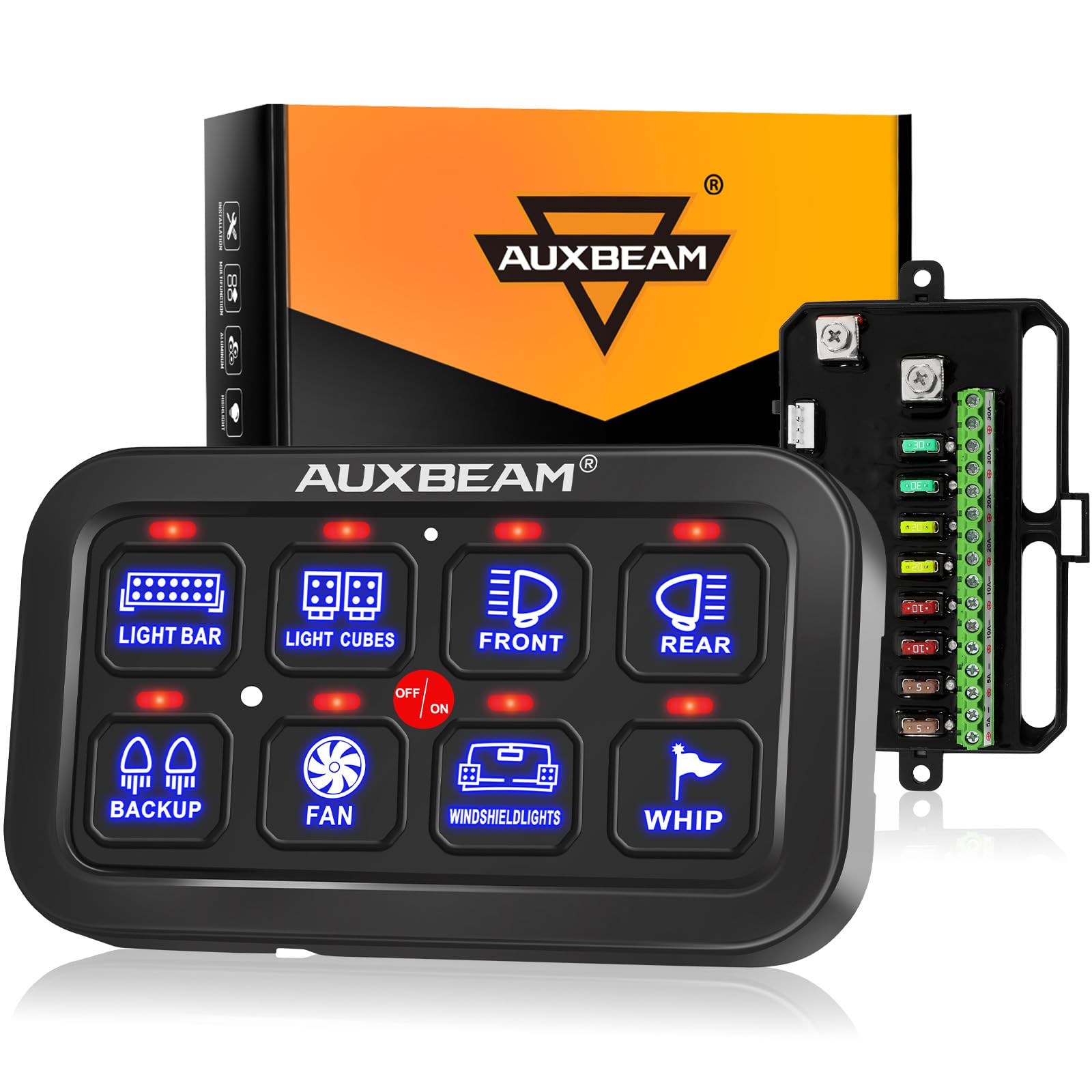 Auxbeam 8 Gang Switch Panel BA80 Automatic Dimmable LED Touch Control Panel Box Electronic Relay System Car Touch Switch Box Universal for Truck ATV UTV Boat Marine SUV Caravan -Blue, 2 Years Warranty
