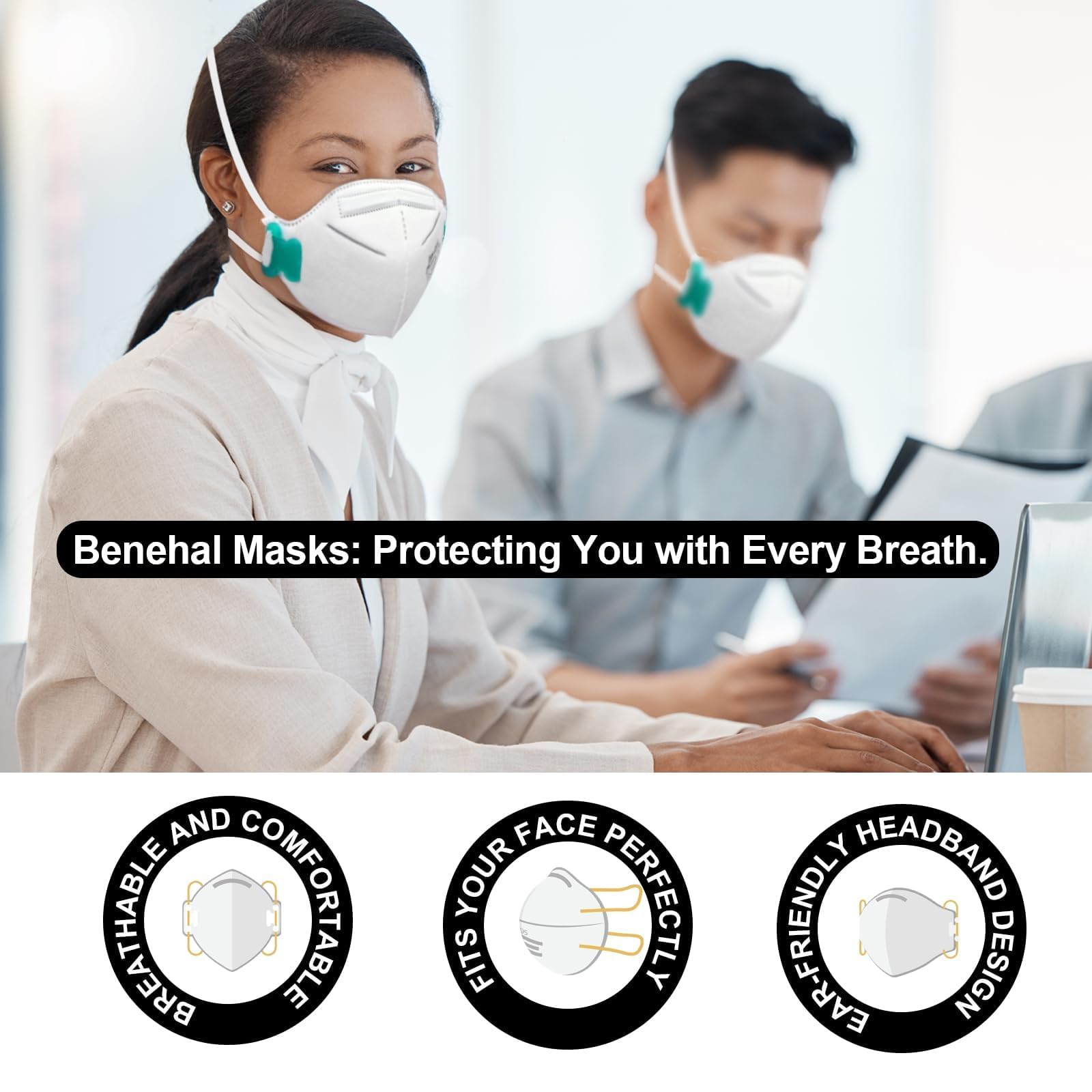 benehal NIOSH Approved N95 Mask Particulate Respirators, Pack of 25 N95 Face Masks, Individually Wrapped,White
