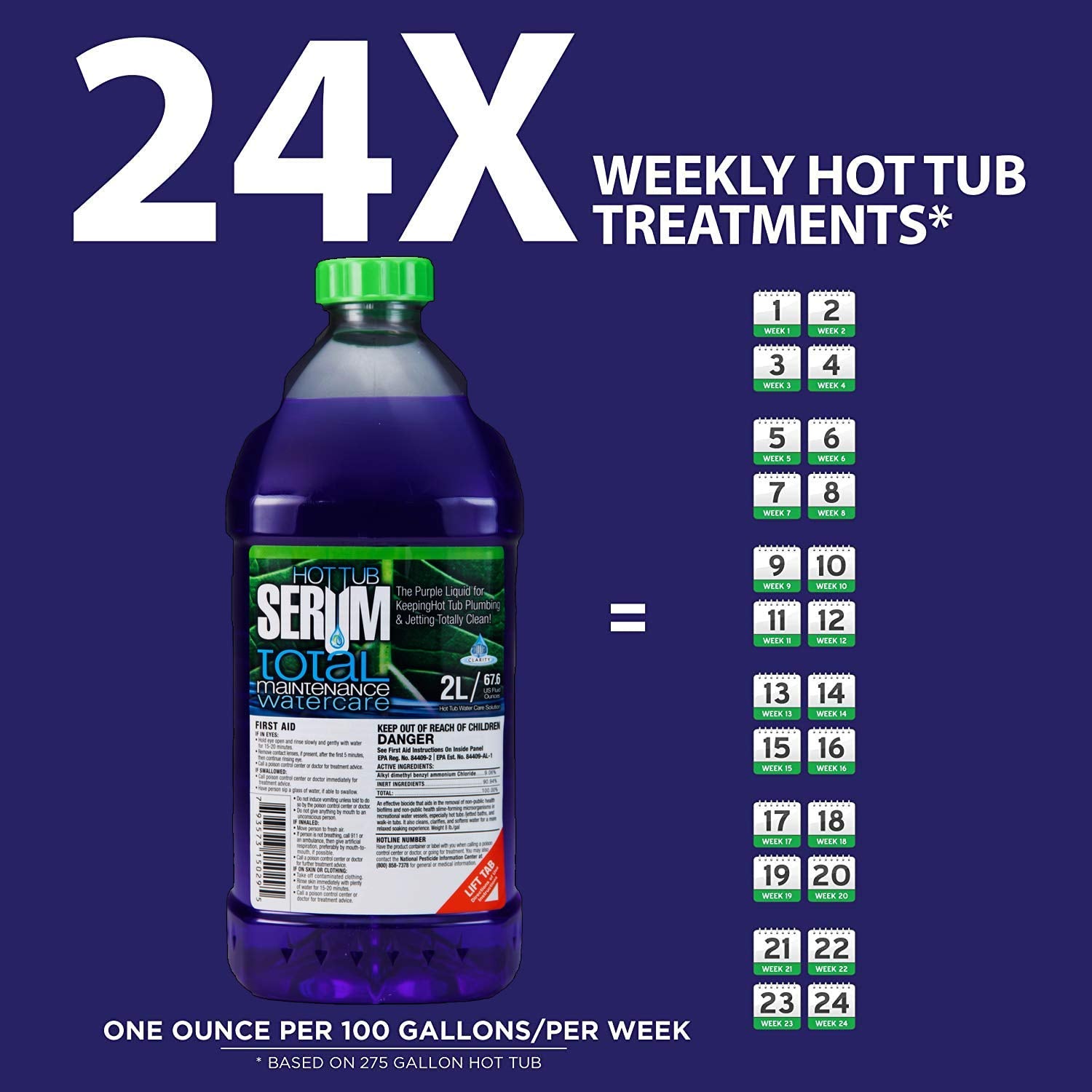 Hot Tub Serum, A Weekly Maintenance Hot Tub Cleaner/Clarifier/Conditioner/Softener All-in-One 2 Liter (24 Weekly doses), Inflatable Hot Tub Chemicals for Complete Hot Tub Treatment