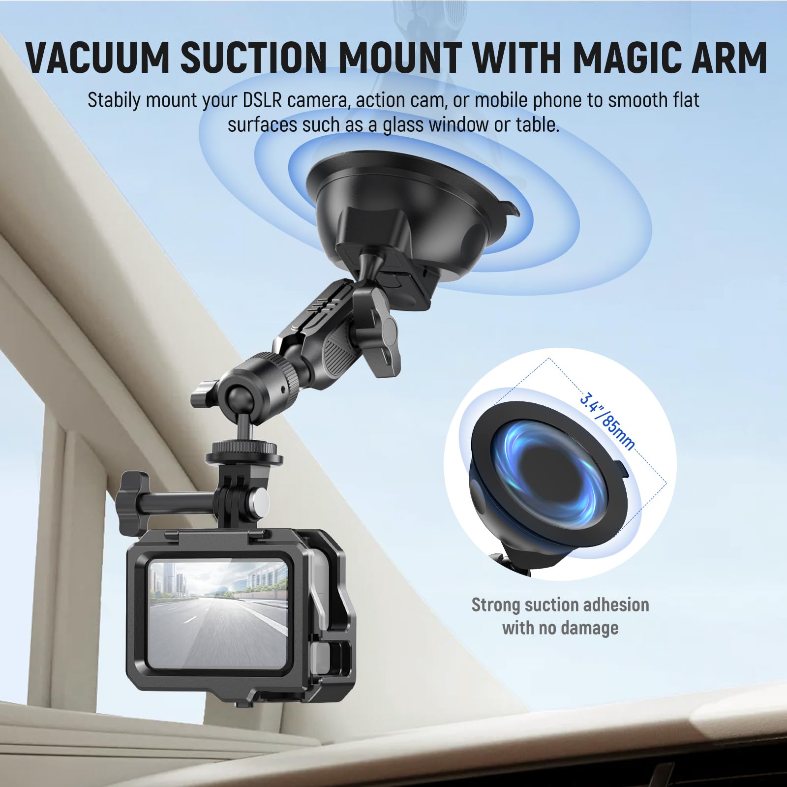 NEEWER Suction Cup Mount for iPhone GoPro Action Camera with Magic Arm & 360° Pan 90° Tilt Ball Head, Quick Buckle Lock Outside Windshield Car Mount with Phone Holder Camera Mount Adapter, CA029