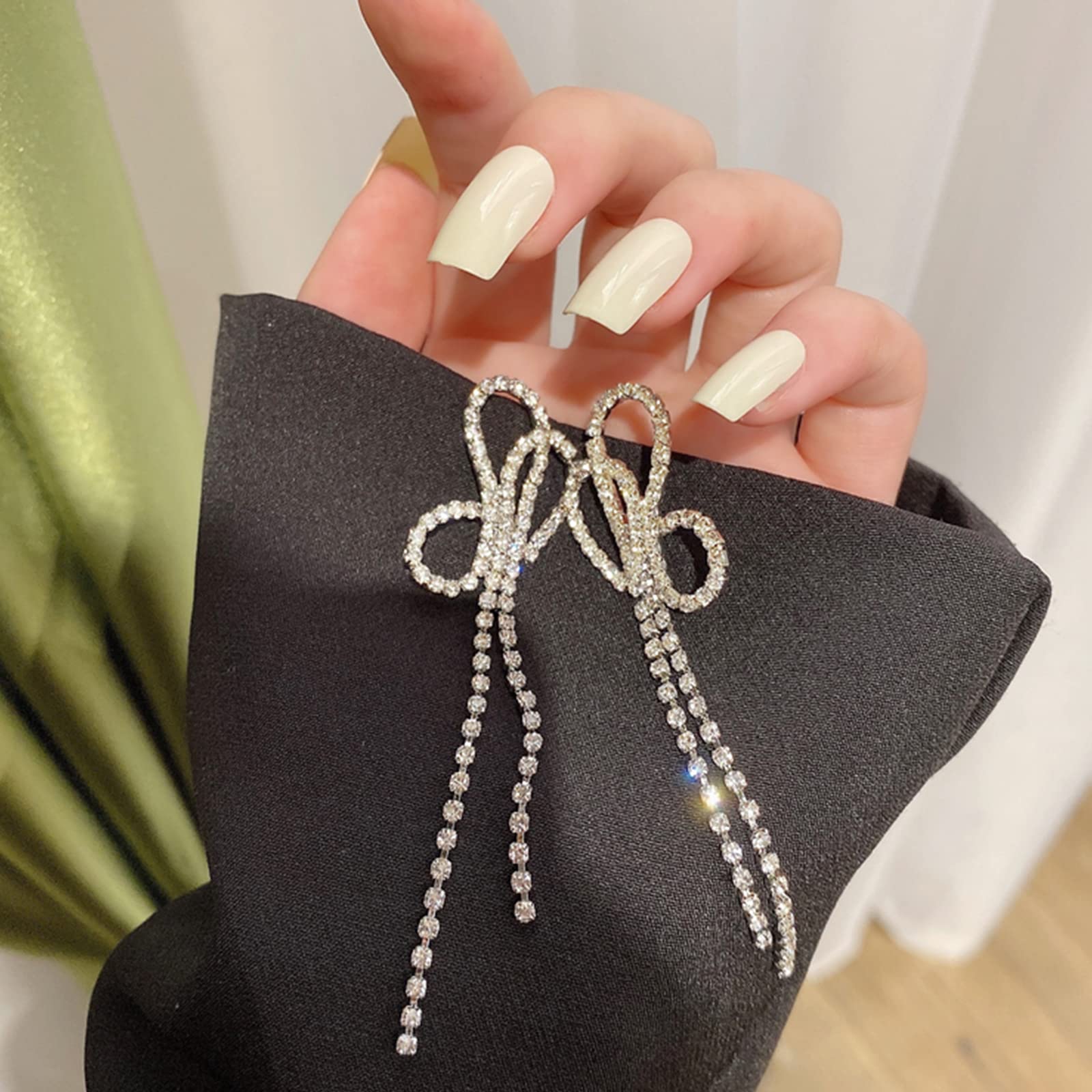 Luxval Rhinestone Earrings Dangling Bow Earrings for Women Sparkly Silver Dangle Earrings Girls Bow Drop Earrings Tassel Lightweight Ear Studs Cubic Zirconia Crystal Statement
