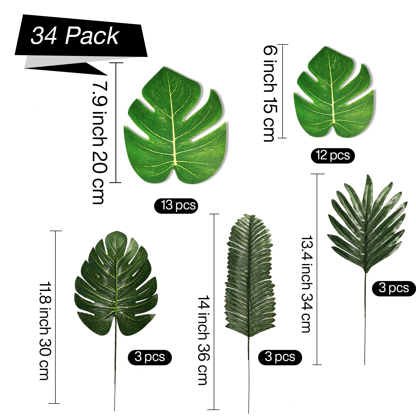 PartyWoo Palm Leaves, 34 pcs Fake Artificiall Palm Leaves, Summer Tropical Fiesta Party Decorations, Flamingo Hawaiian Party Supplies