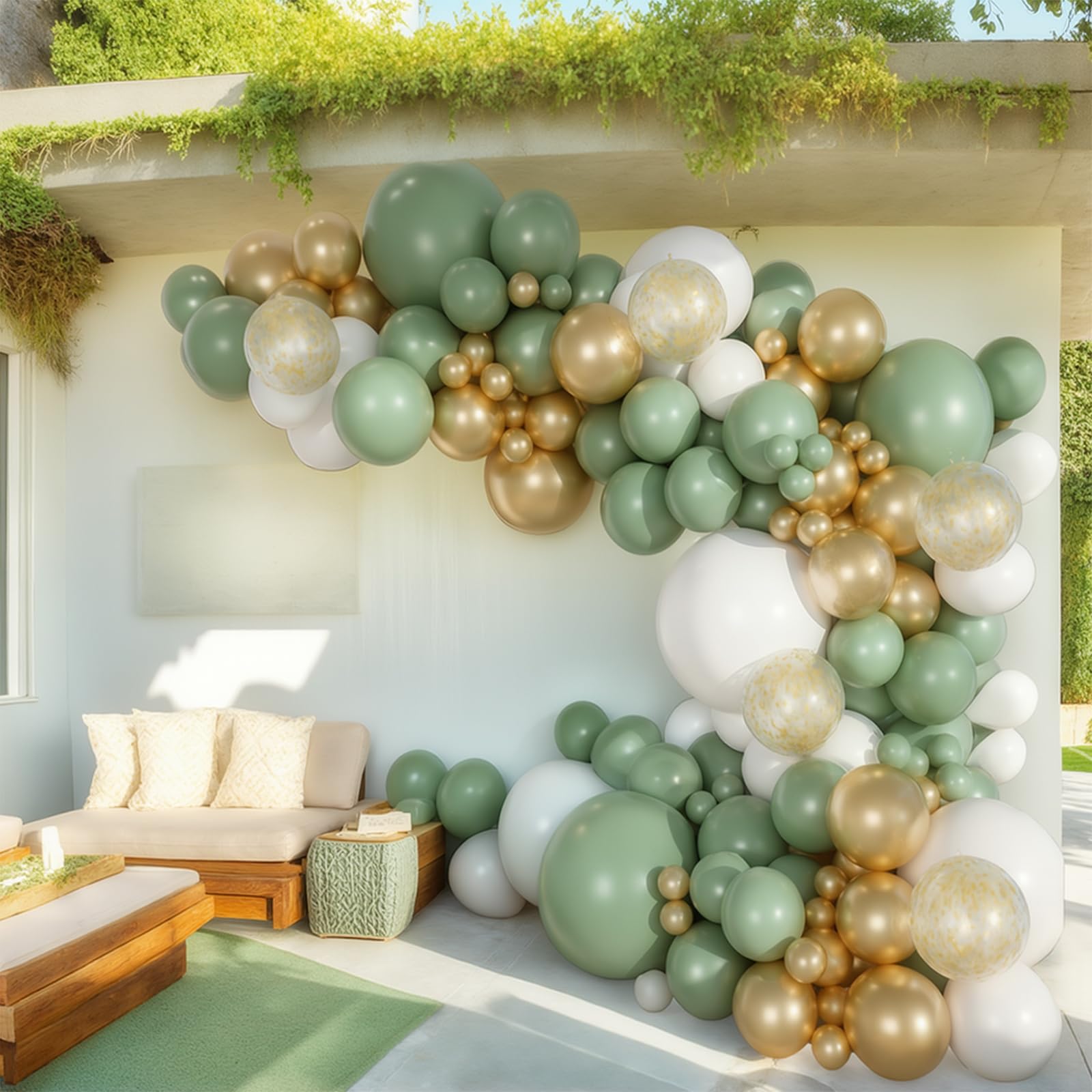 PartyWoo Sage Green Balloon Arch Kit Garland 154 pcs Different Sizes of 18 12 10 5 Inch Sage Oliver Green White Metallic Gold Confetti Balloons for Baby Shower Graduation Birthday Party Decorations