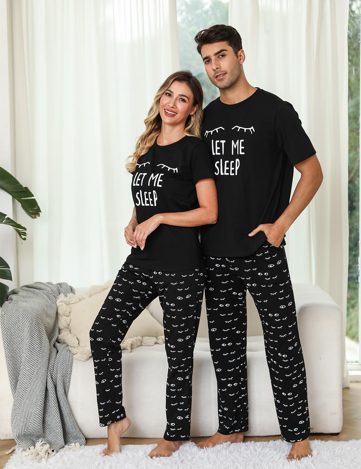 EISHOPEER Men's Soft Cotton Pajama Set Short Sleeve Casual Sleepwear T Shirt Loungewear with Long Pants Black XX-Large