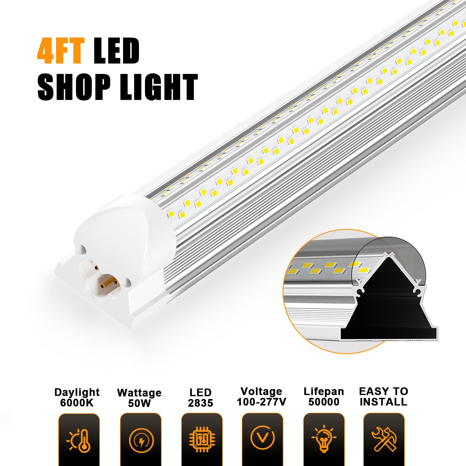 ONLYLUX LED Shop Light 4FT, 6000K 50W 7500LM, Linkable Utility Ceiling Light Fixture, 4 Foot T8 Integrated LED Tube Lights, V Shape High Output, Linkable with On/Off Switch (12 Pack)