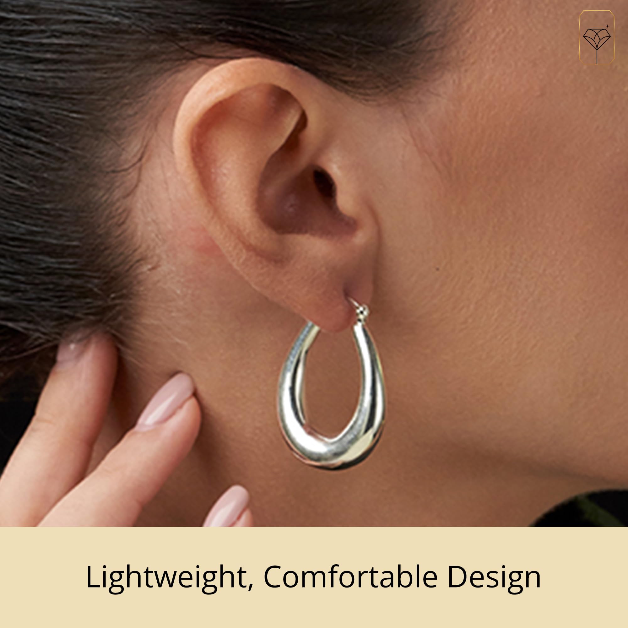 MAX + STONE Sterling Silver Hoop Earrings for Women | Lightweight Silver Chunky Hoop Earrings | Hypoallergenic 925 Sterling Silver Earrings for Women | Oval Thick Hoop Earrings for Women