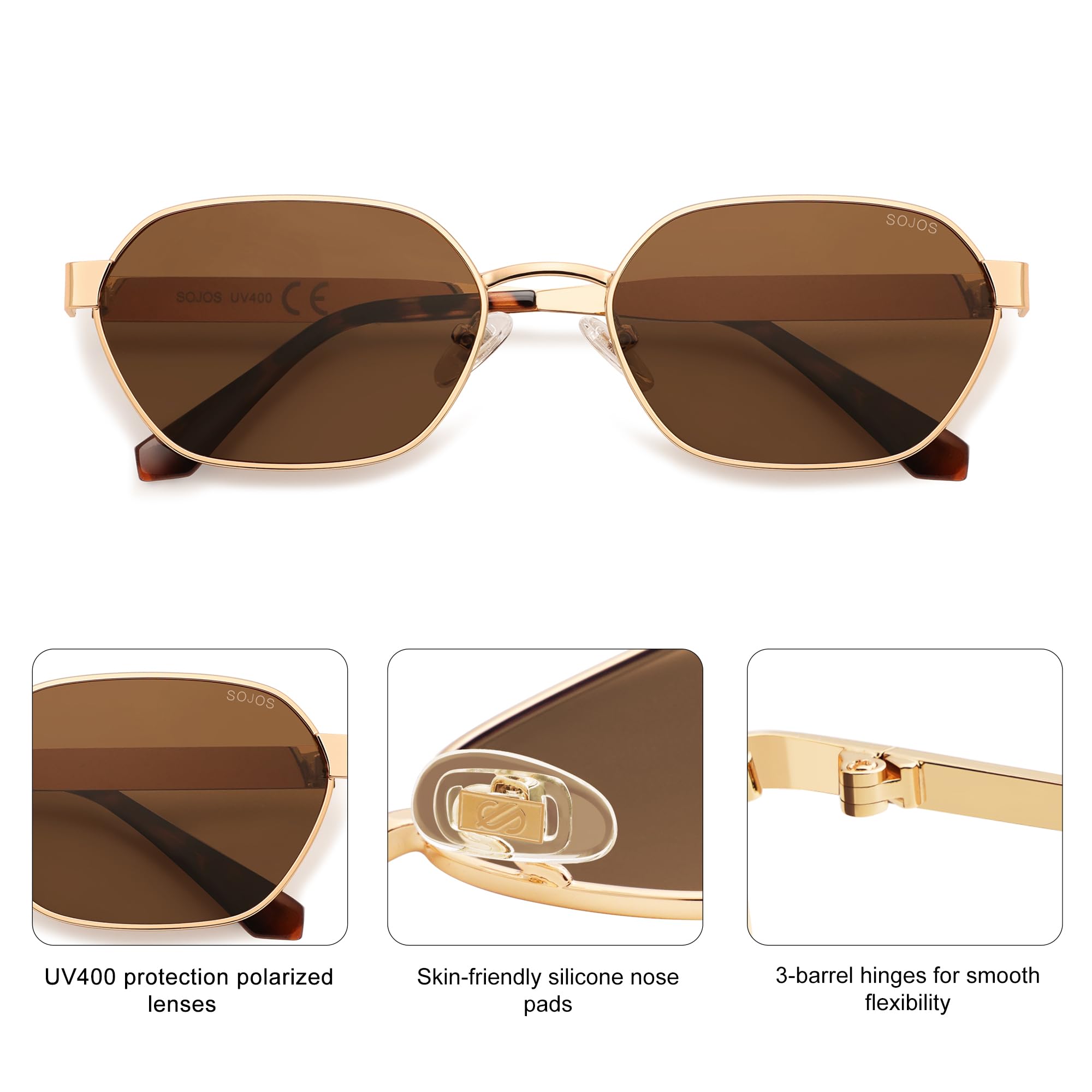 SOJOS Trendy Polarized Hexagon Sunglasses for Women Men, UV400 Retro Rectangle Shades SJ1238, Gold/Brown