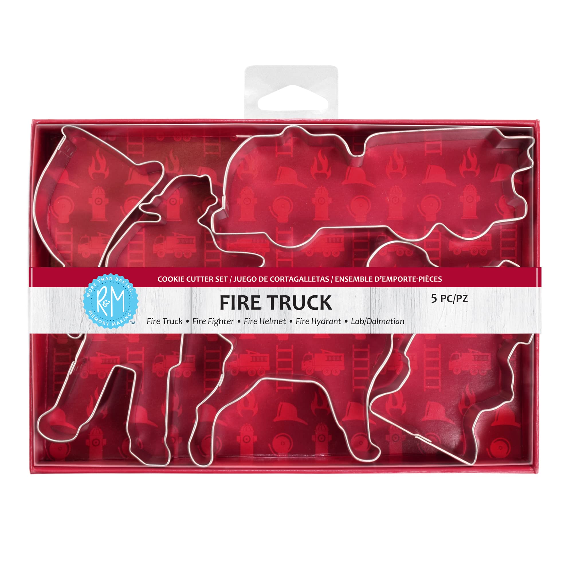 R&M International Fire Truck Cookie Cutters, Firefighter, Truck, Helmet, Hydrant, Dog, 5-Piece Set