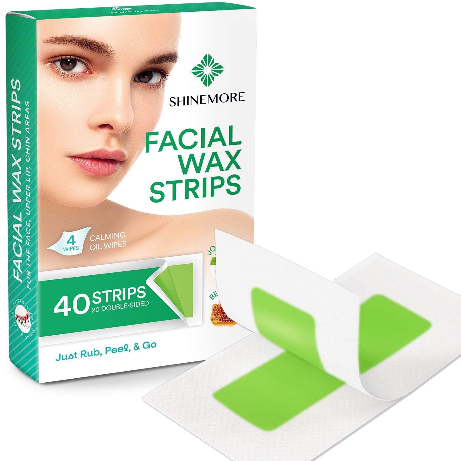 ShineMore Facial Wax Strips,Hypoallergenic for All Skin Types - Wax strips for hair removal - Gentle and Fast-Working for Face, Eyebrow, Upper Lip, and Chin (40 Women Wax Strips + 4 Calming Oil Wipes)
