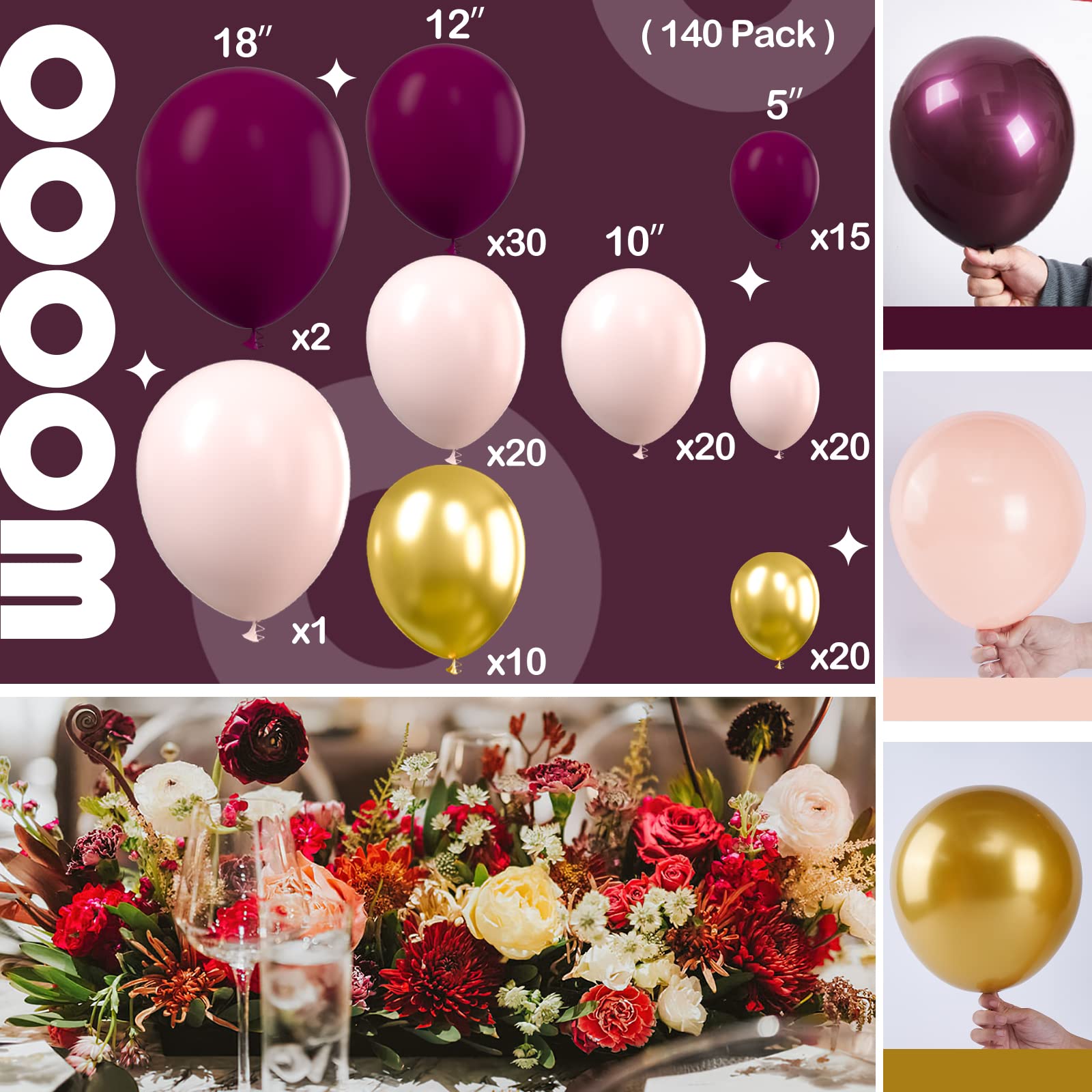 PartyWoo 140 pcs Burgundy & Pink Balloon Garland Kit, Burgundy, Gold, Pastel Pink Balloons for Balloon Garland Arch Kit, Birthday Party, Baby Shower, Wedding