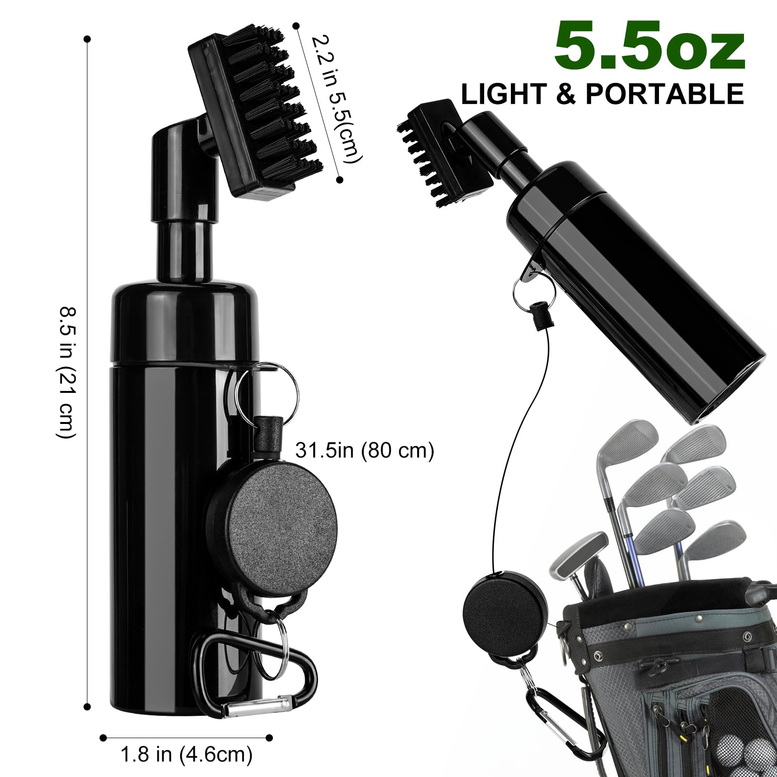 Golf Club Brush Cleaner with Retainer Clip and Squeeze Water Bottle,Suitable for U & V-Grooves 8 Inches Golf Water Brush with Retractable Clip Hold 5.5oz of Water (Black)