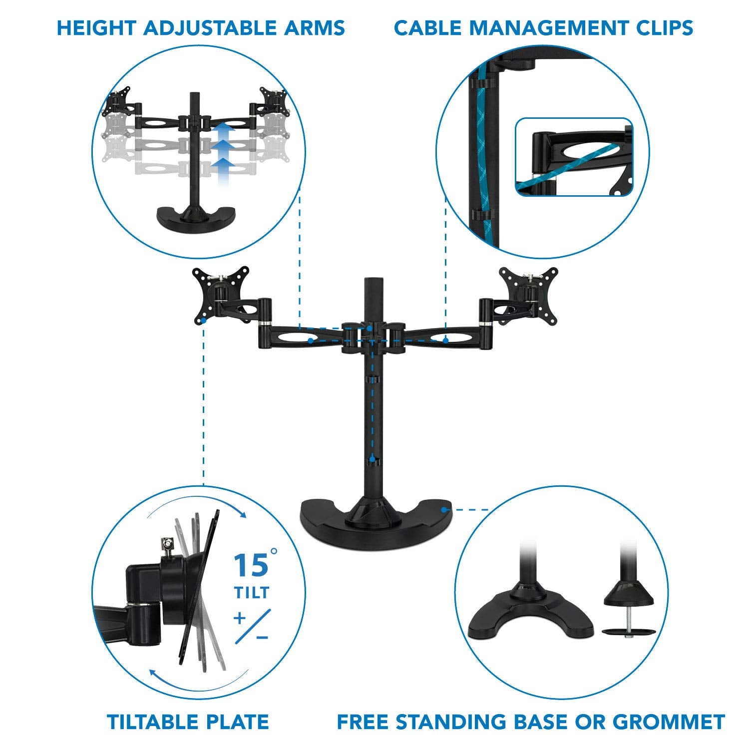 Mount-It! Free Standing Dual Monitor Stand | Double Arm Desk Mount Fits Two x 21 24 27 Inch Computer Screens | 2 Heavy Duty Full Motion Adjustable Arms | VESA 75 100 Compatible | Grommet Base Included