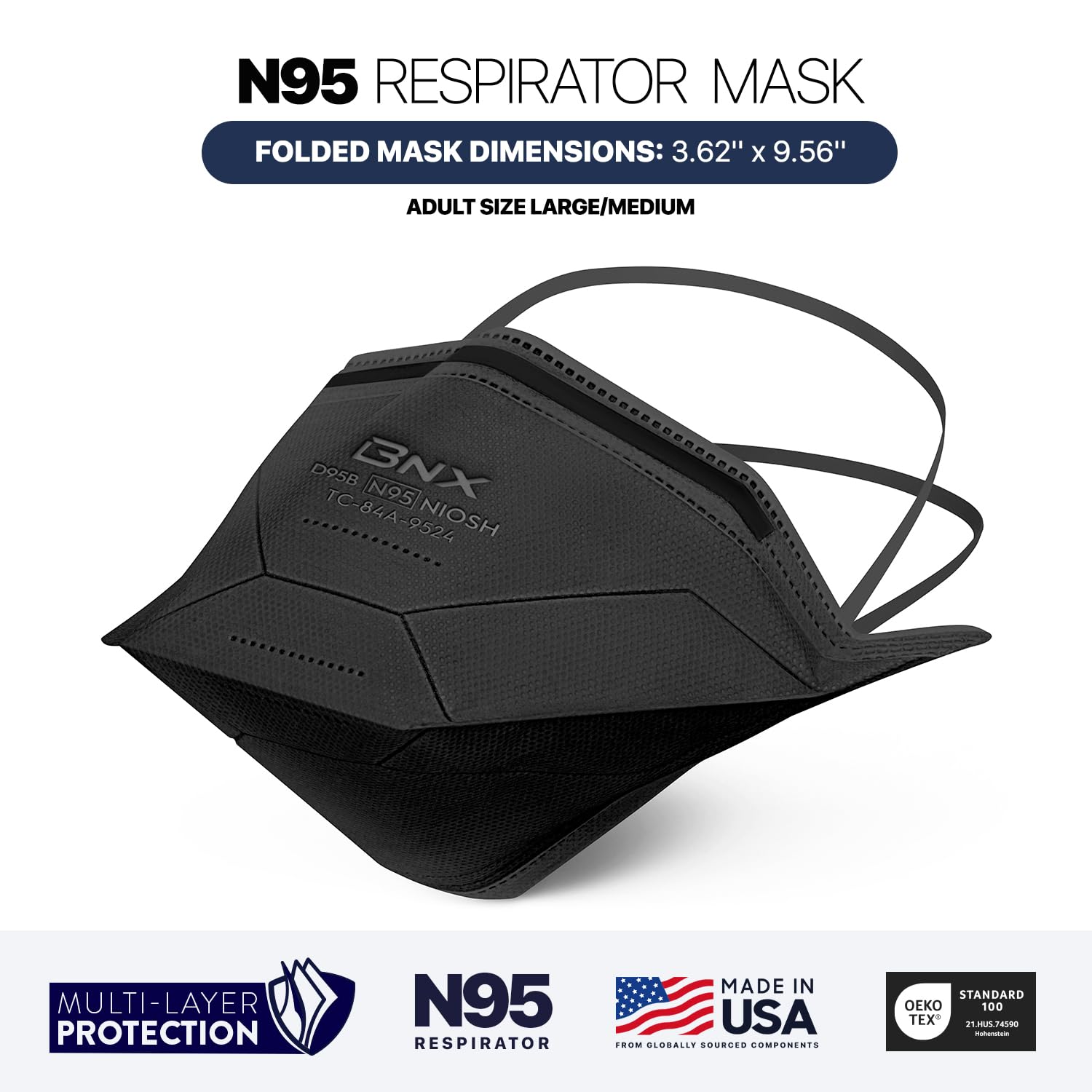 BNX N95 Mask NIOSH Certified MADE IN USA Duckbill Style Particulate Respirator Protective Mask (20-Pack, Approval Number TC-84A-9524 / Model D95B) Black