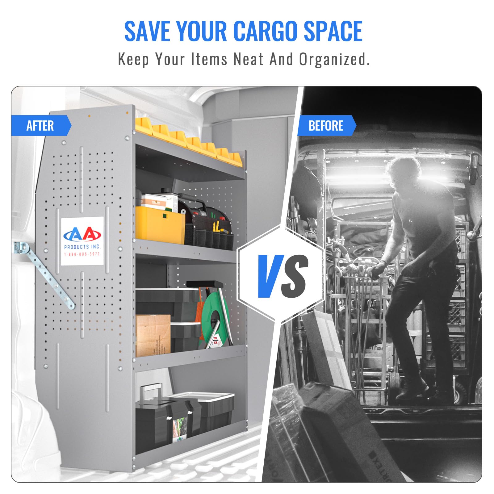 AA Products SH-4304 Steel Van Shelving Storage System Fits for NV200, Transit Connect 2014+, Promaster City and Chevy City Express, Contoured Shelving Unit, 42" W x 43" H x 13" D