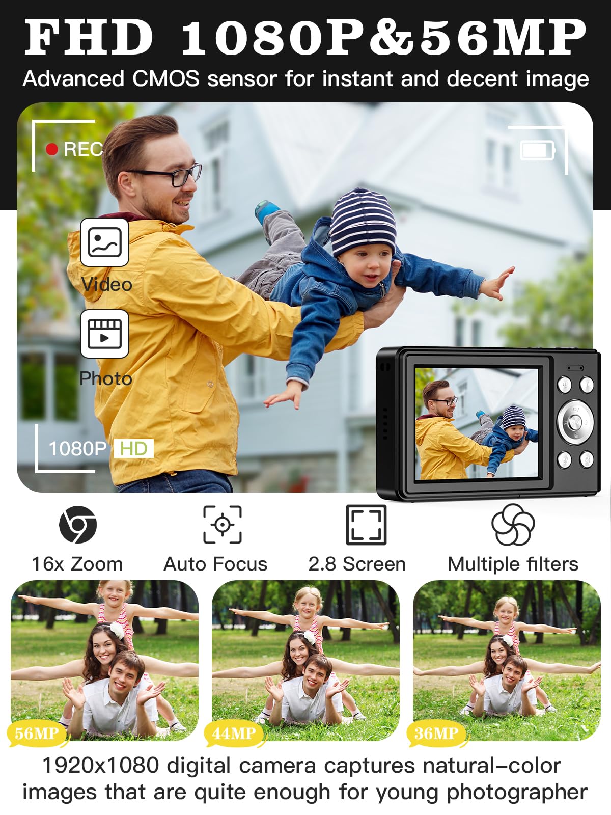 Upgrade Digital Camera, 56MP FHD 1080P Camera for Kids with 16x Zoom Anti Shake, Kid Camera with 32GB TF Card, Two Batteries, Lanyard, Compact Small Camera for Kids Boys Girls(Black)