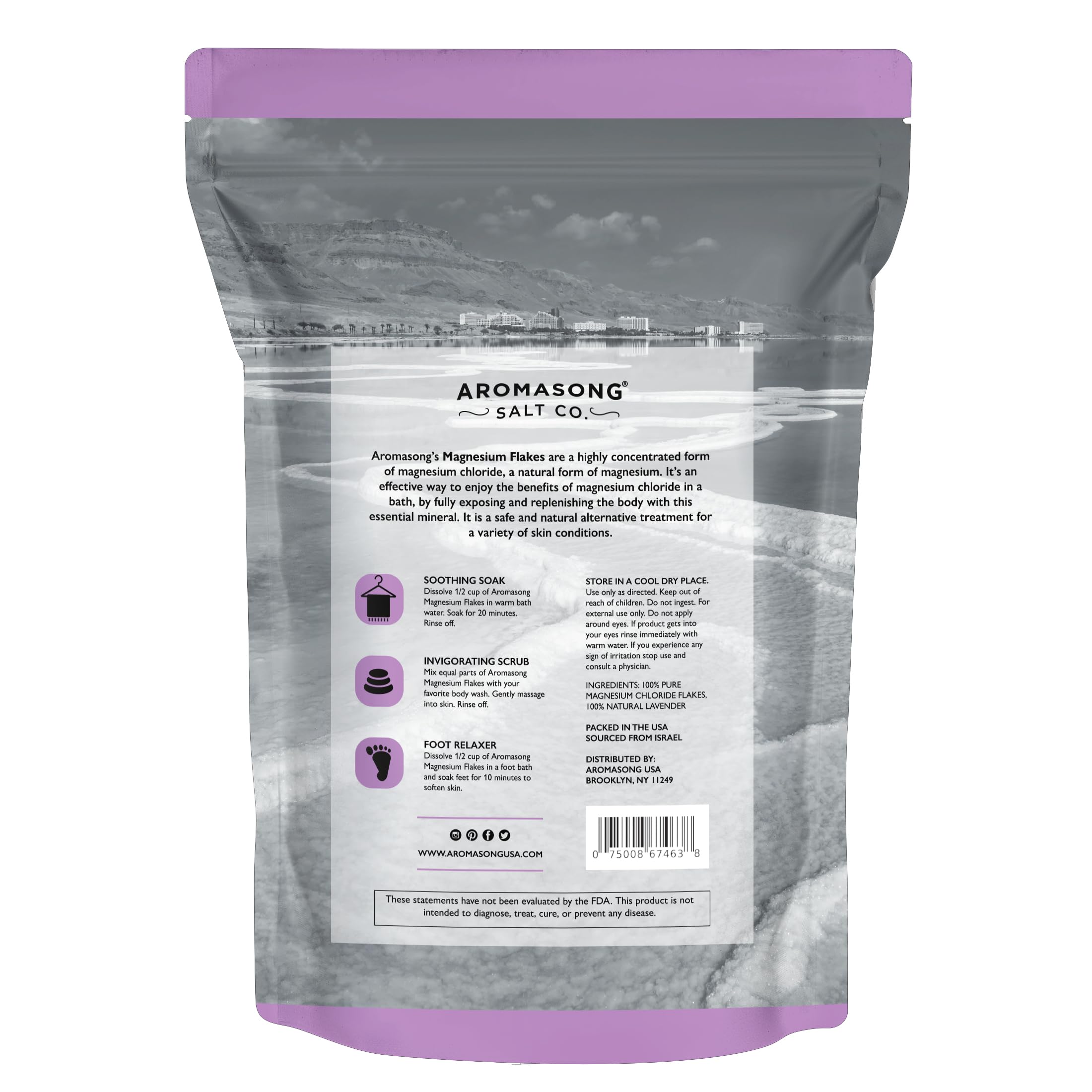 Aromasong RAW Magnesium Bath Flakes with 100% Natural Lavender, 14 Oz. Muscle Relaxing Organic Salts Mg Chloride, Mineral Soak Salt.