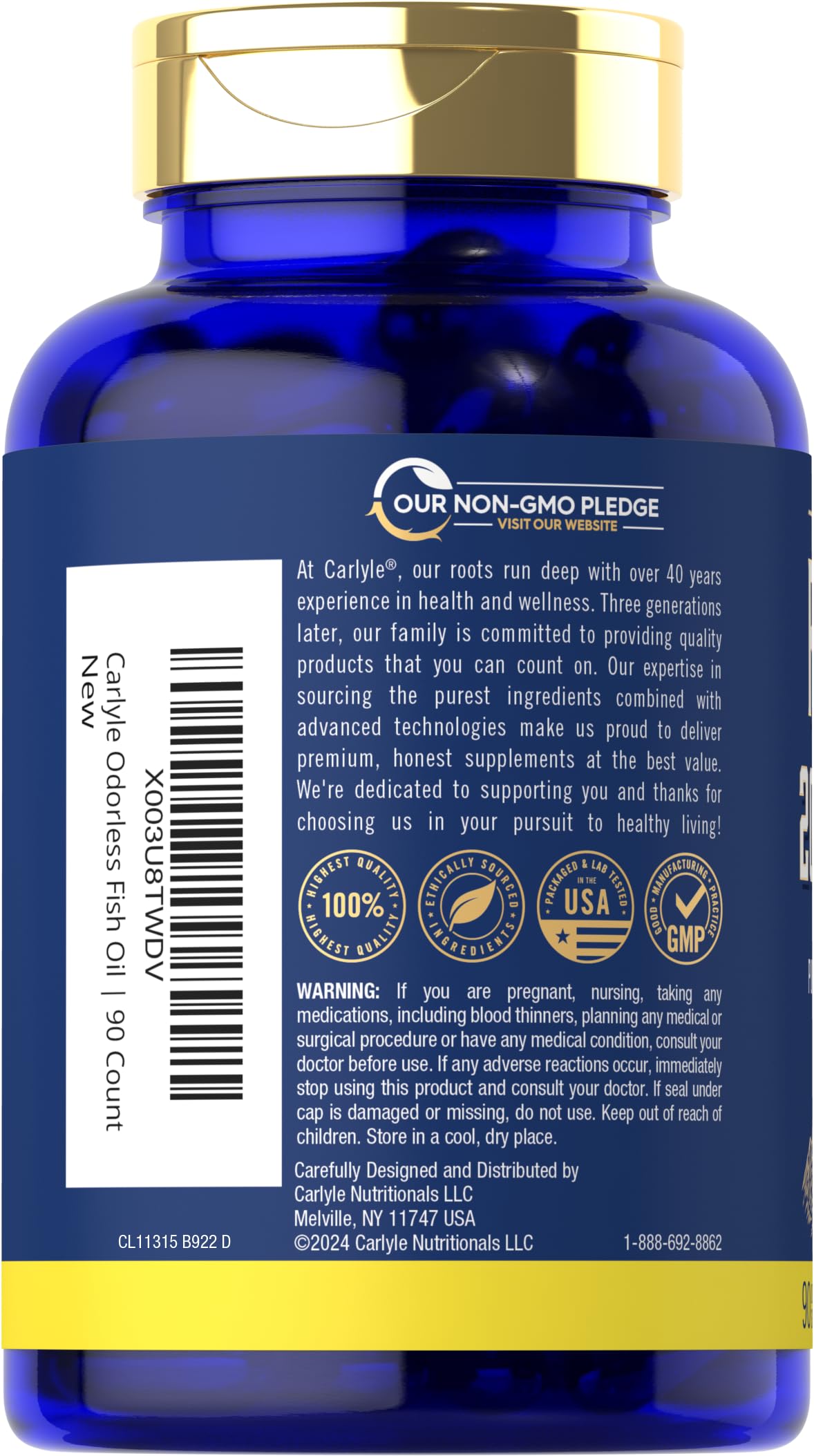 Carlyle Fish Oil 2000mg | 600mg Omega 3 Supplement for Men & Women | 90 Odorless Softgels | Lemon Flavored | Non-GMO and Gluten Free
