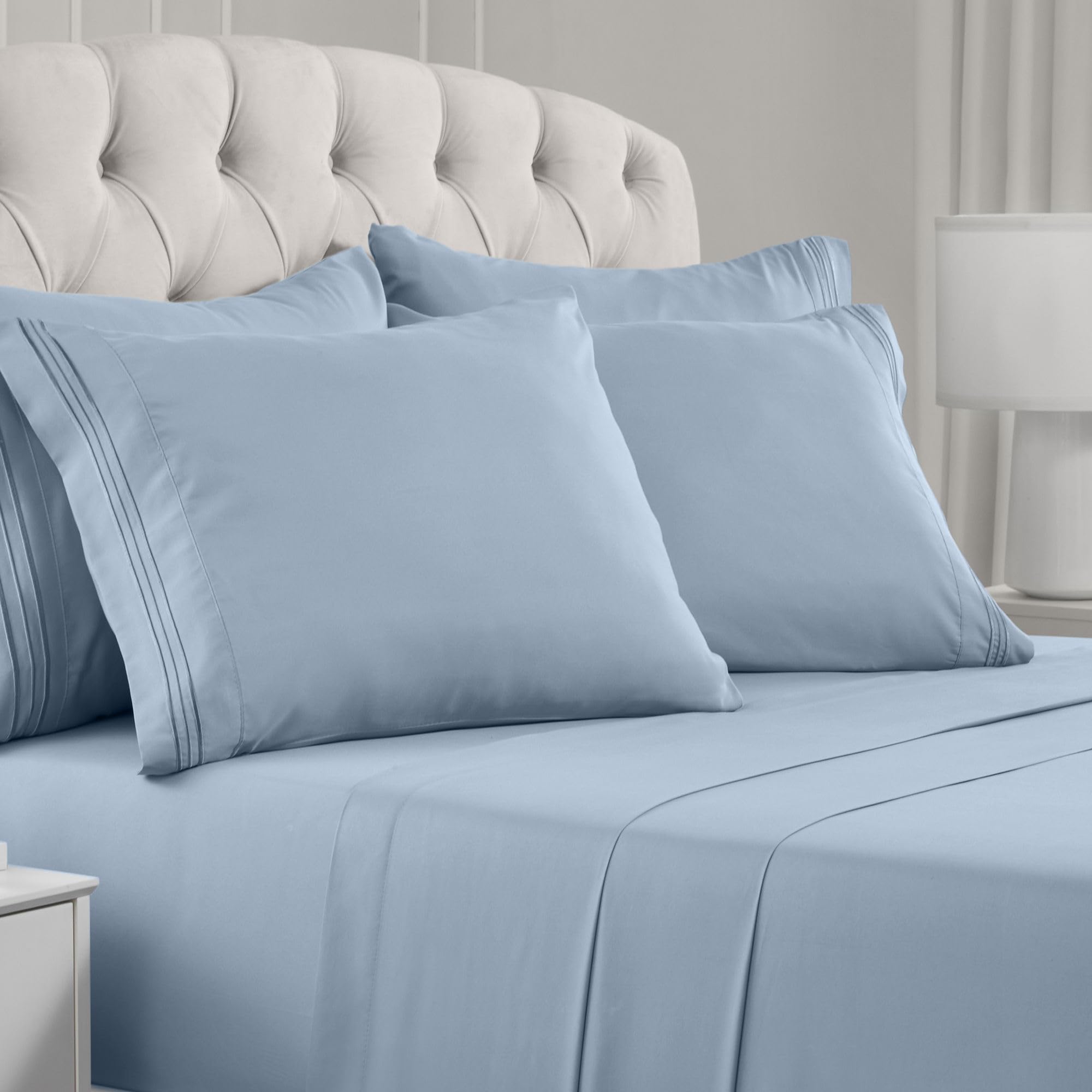 Mellanni Bedspread Coverlet Set + 6PC Sheets Set Bundle&Save - Iconic Collection Bedding - Bundle Includes: 3 Piece Oversized Quilt Set and 6 Piece Bed Sheet Set (King, Gray/Blue Hydrangea)