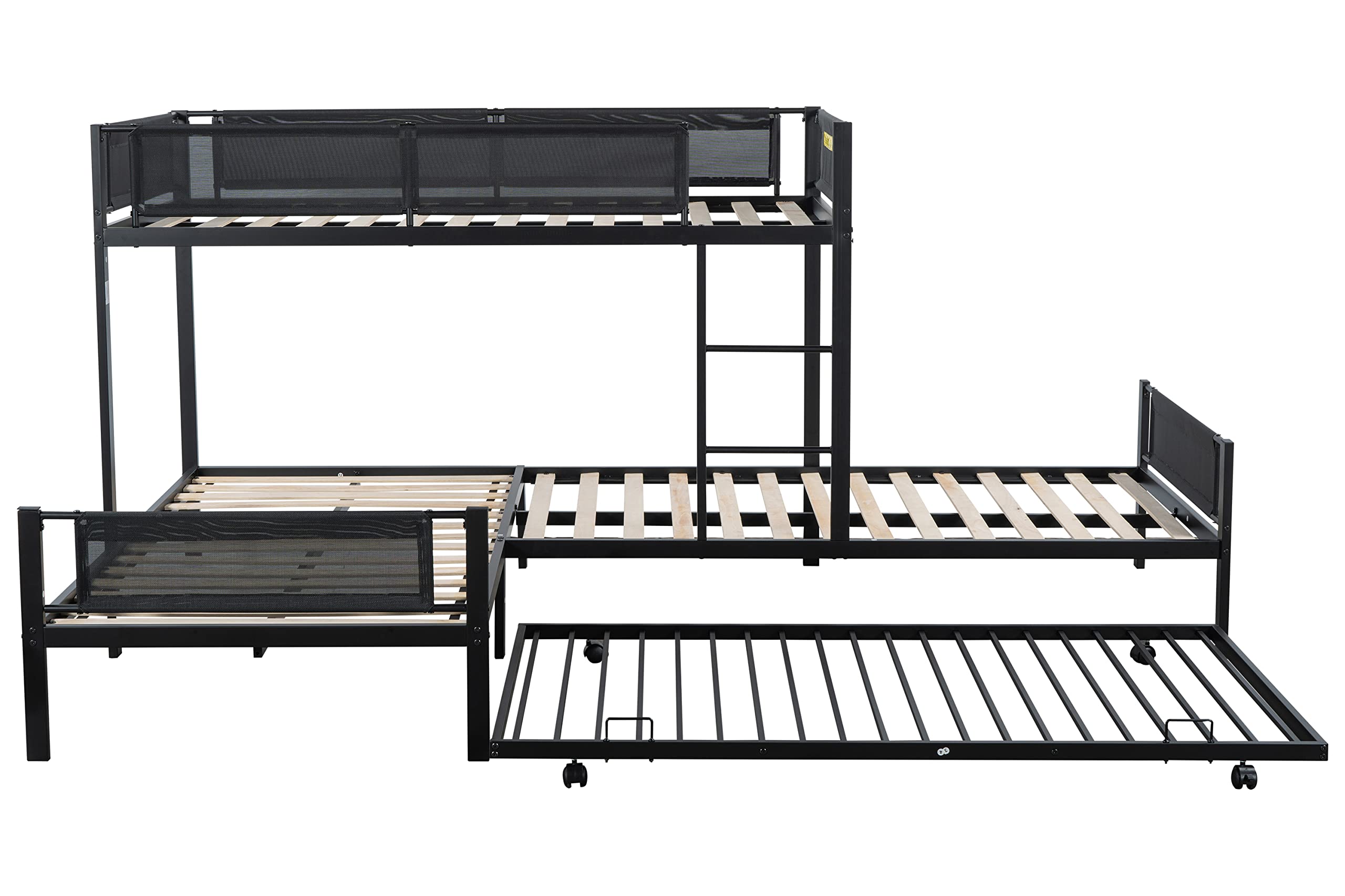 LostCat L-Shape Triple Bunk Bed with Trundle, Twin Over Twin for 4 Kids, Heavy Duty Metal Frame with Safety Guardrail for School, Dormitory, Bedroom, Black