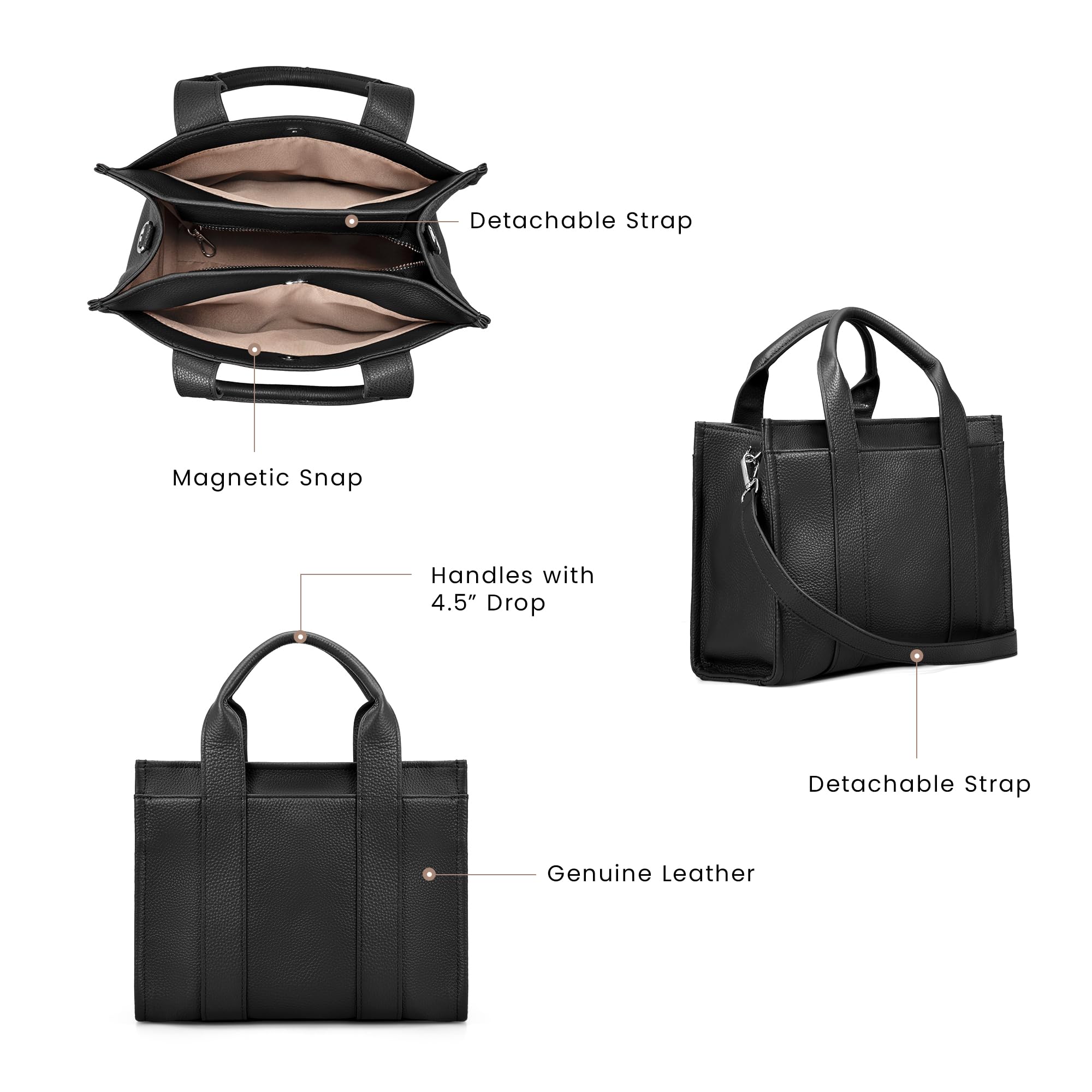 befen Genuine Leather The Small Tote Bag for Women Trendy, Designer Top Handle Satchel Crossbody Handbag with RFID Card Slots - Black