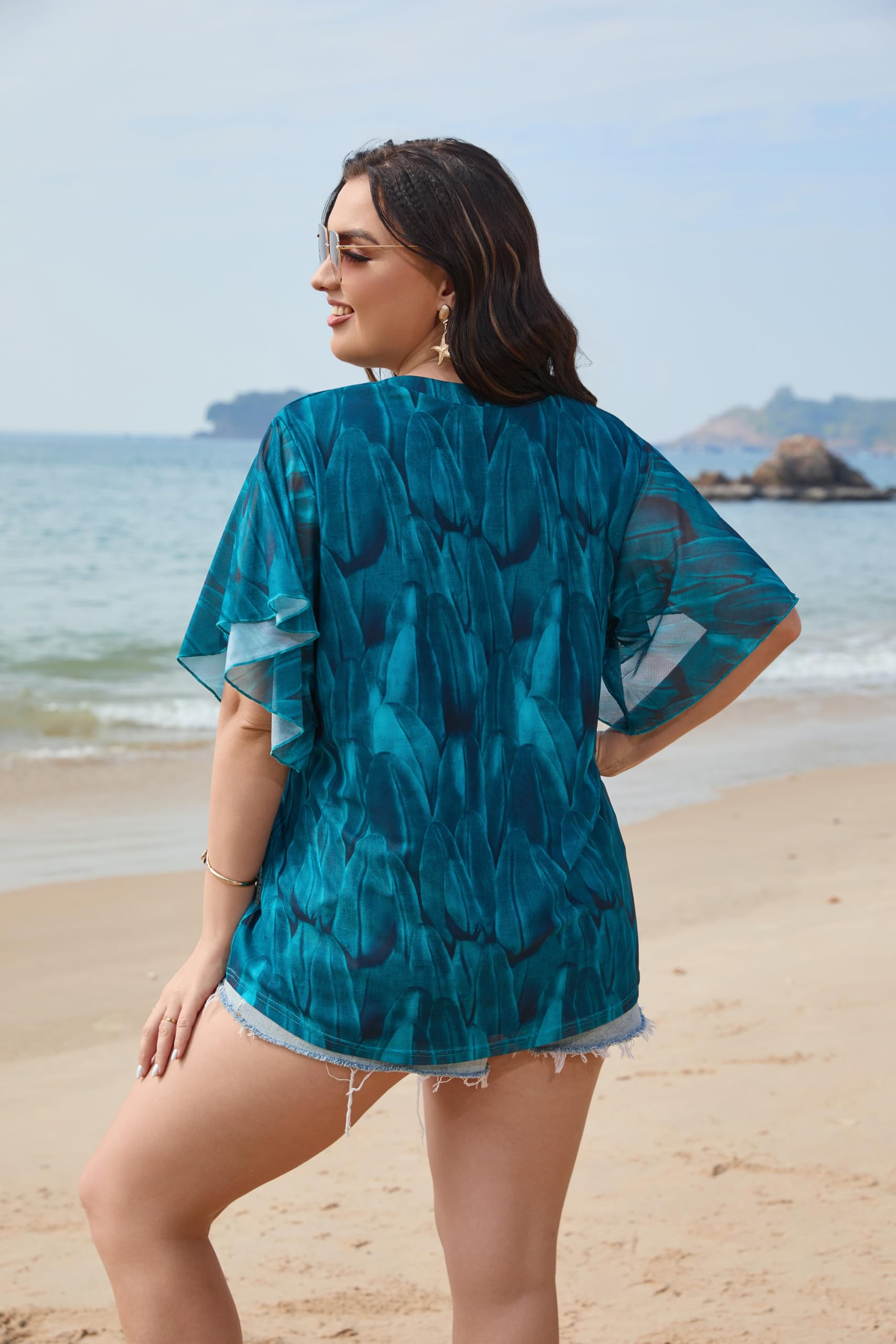 IN'VOLAND Plus Size Short Sleeve Tops for Women Ruffle V Neck Mesh Blouses Flowy Shirt Floral Double Layers Tunics Green 20W