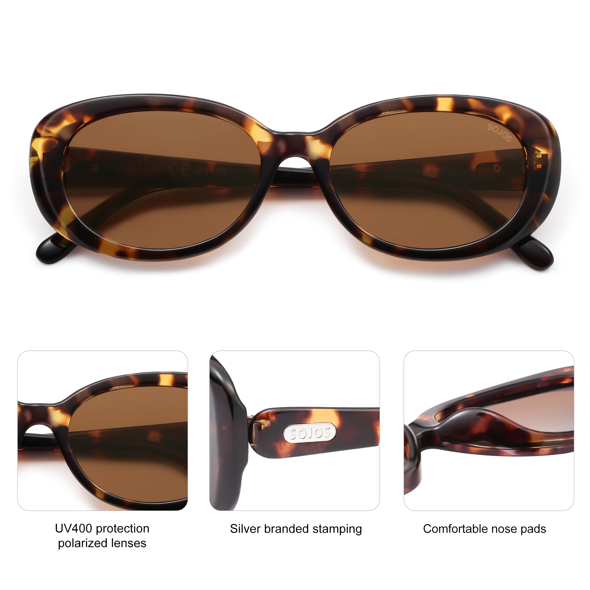 SOJOS Retro Oval Polarized Sunglasses for Women Men Vintage 90s Style Designer Inspired Sunnies Sun Glasses SJ2369, Tortoise Frame/Brown Lens