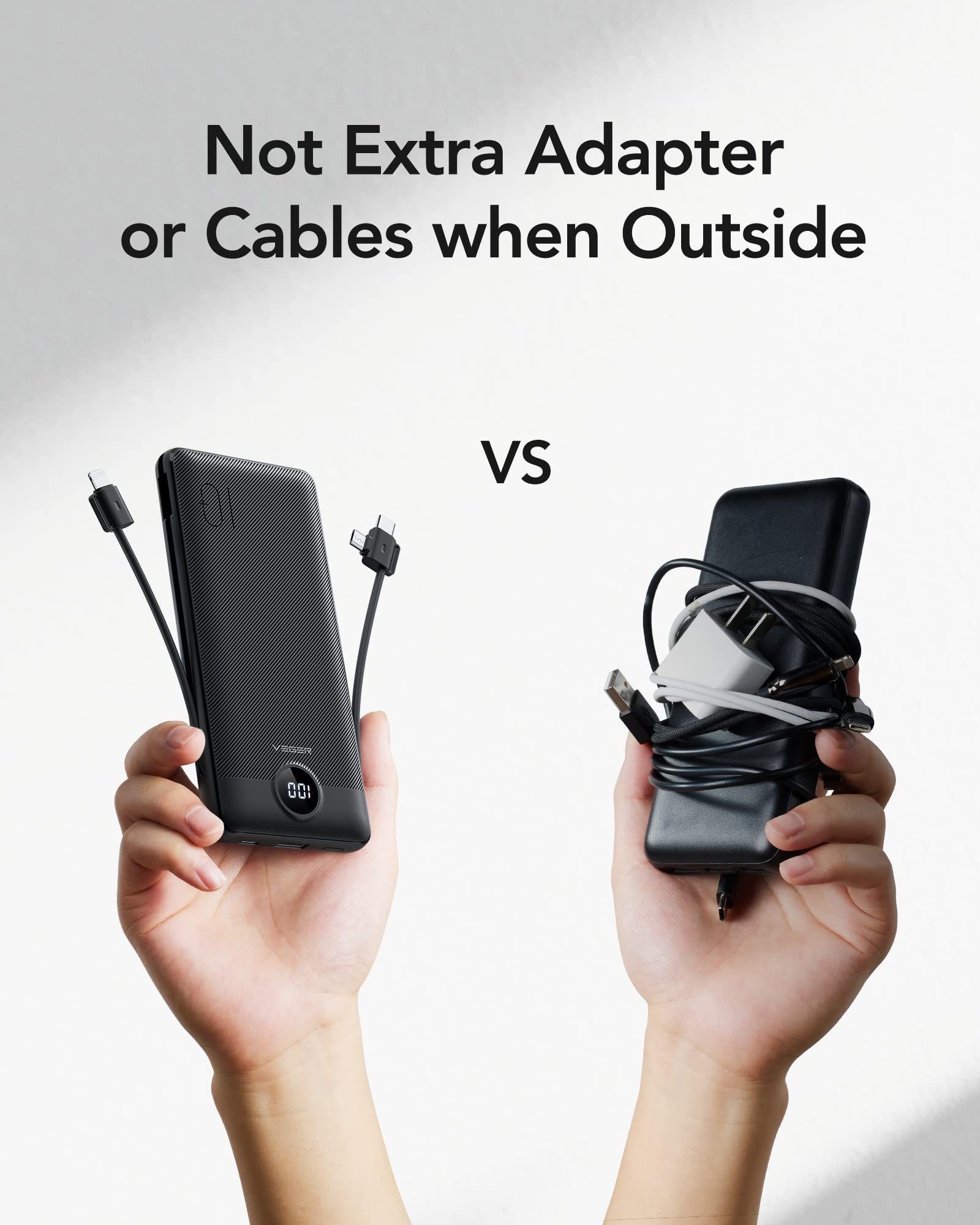 VEGER Portable Charger for iPhone Built in Cables and Wall Plug, 10000mah Slim Fast Charging USB C Power Bank, Travel Essential Battery Pack Compatible with iPhones, iPad, Samsung, and More(Black)