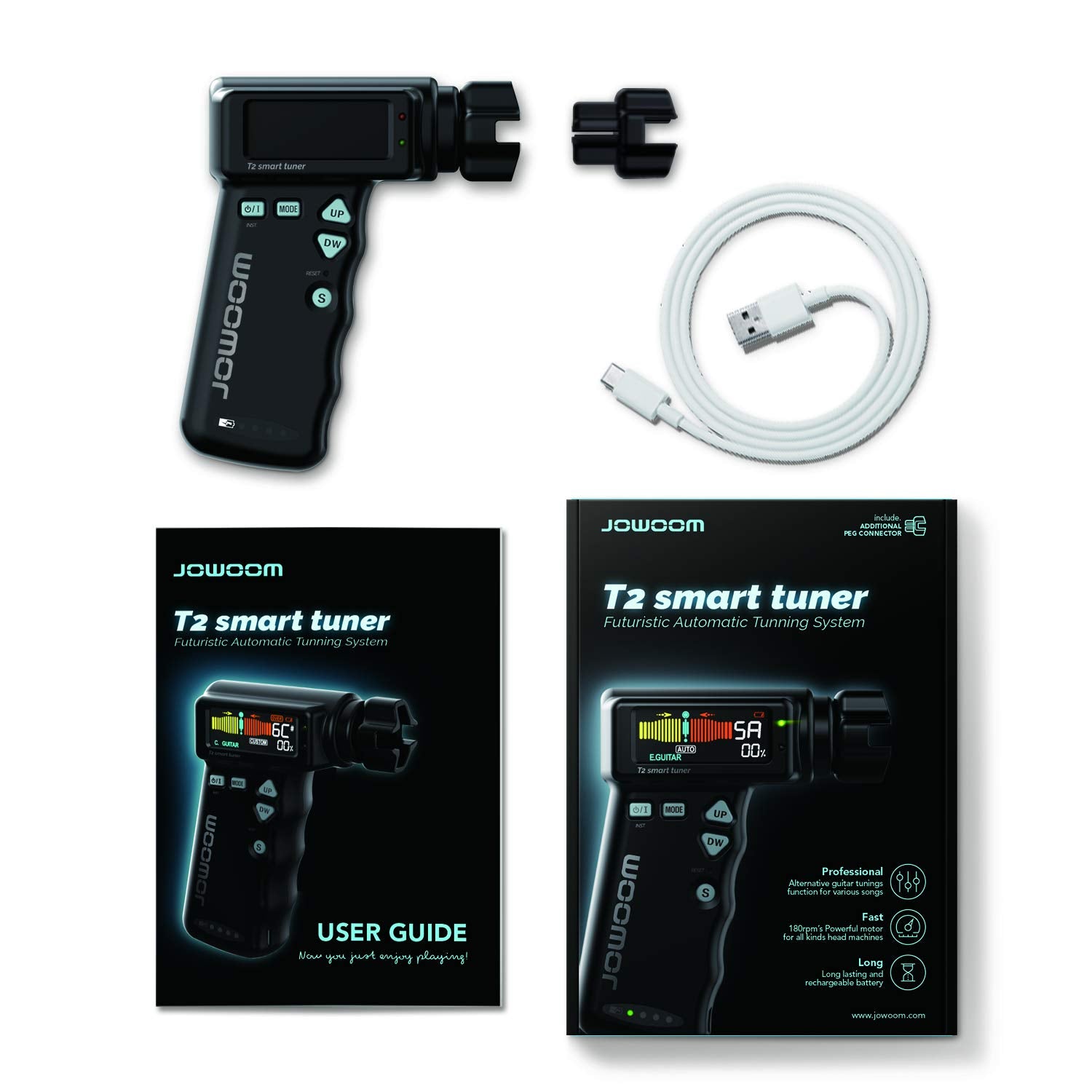 JOWOOM T2 Smart Automatic Guitar & Ukulele Tuner | Fast Acoustic Guitars Auto-Tuner With 180RPM Electric String Winder | Safe & Professional Grade Tuner For Ukuleles | USB Rechargeable Battery | Black