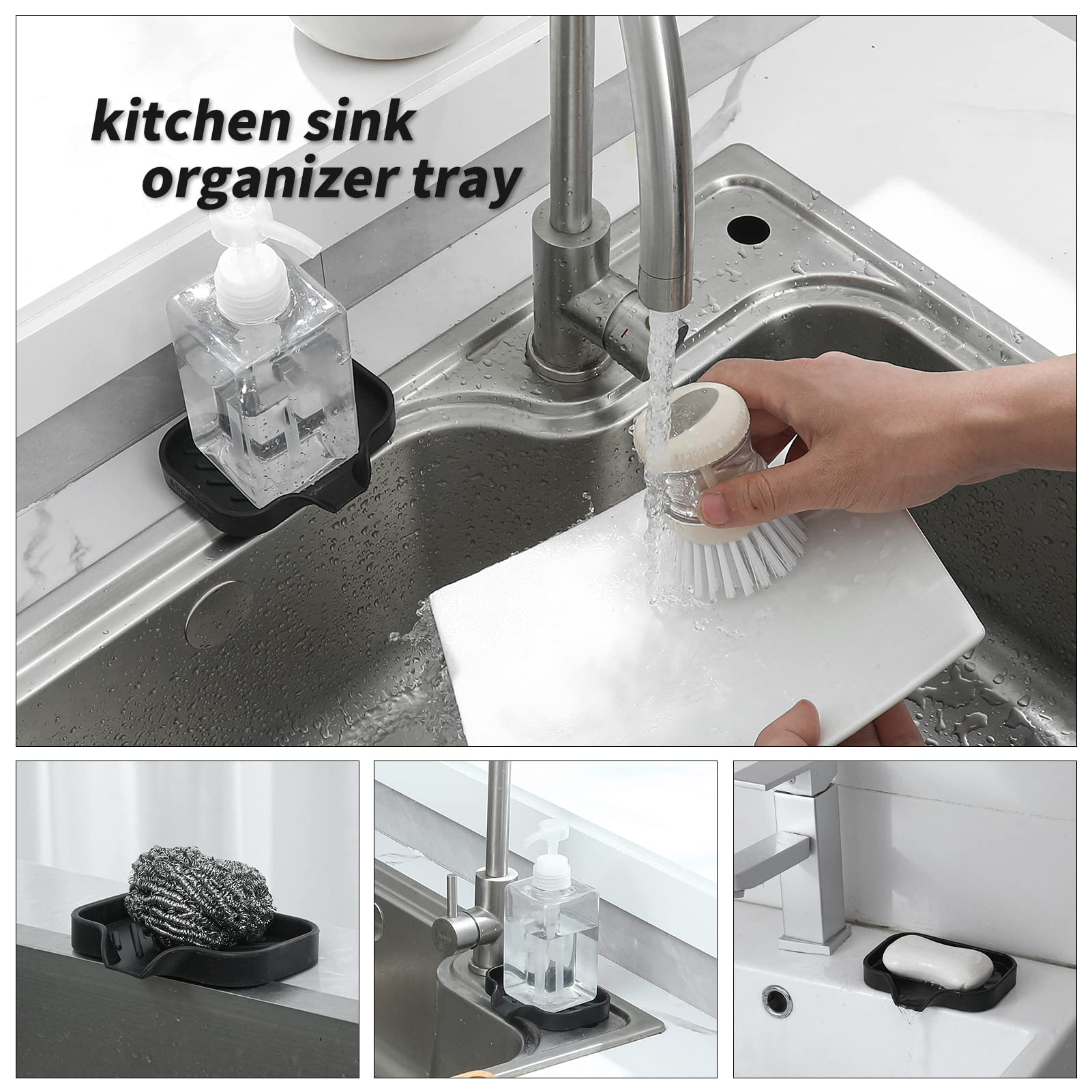 MicoYang Silicone Bathroom Soap Dishes with Drain Spout-Bathroom and Kitchen Sink Organizer,Sponge Holder,Dish Soap Tray,Perfect for Dispenser,Scrubber,Bottle,Cup on Sink or Counter-Black 4.9"×3.2"