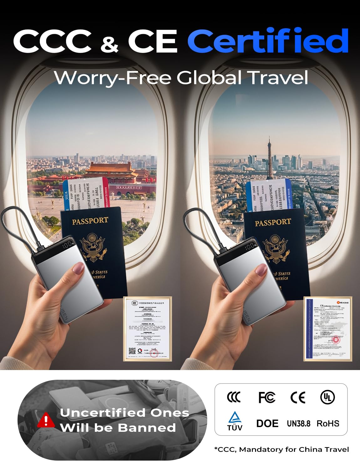 LISEN 0.5" Ultra Slim Power Bank 10000mAh with Built in USB C Cable, CCC Certified Power Bank International Travel Essentials for Flying, Best Airplane Gadgets Cruise Essentials Portable Charger USB C