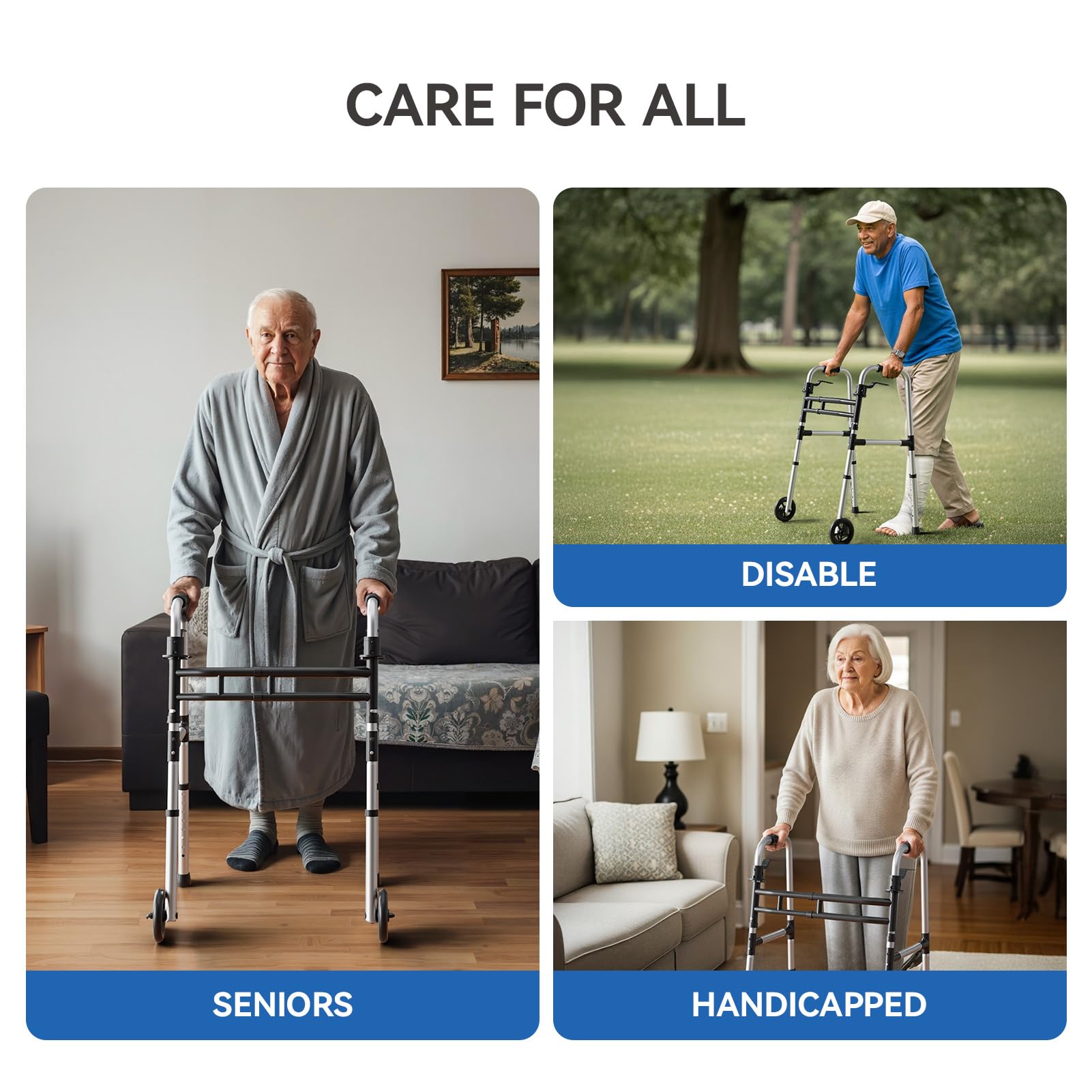 Loyoda Folding Walkers for Seniors,Medical Bariatric Walker Lightweight 5'' Front Wheel Walker Height and Width Adjustable Aluminum Standard Walker for Handicap