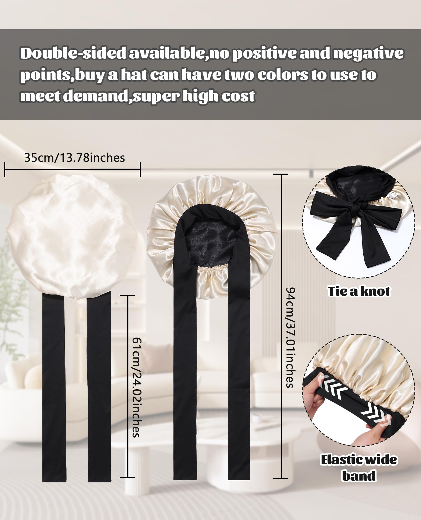 Satin Bonnet Silk Bonnet for Sleeping Silk Sleep Cap Double Layer Hair Bonnet with Elastic Tie Band for Curly Hair Night Cap (Black + Champagne)