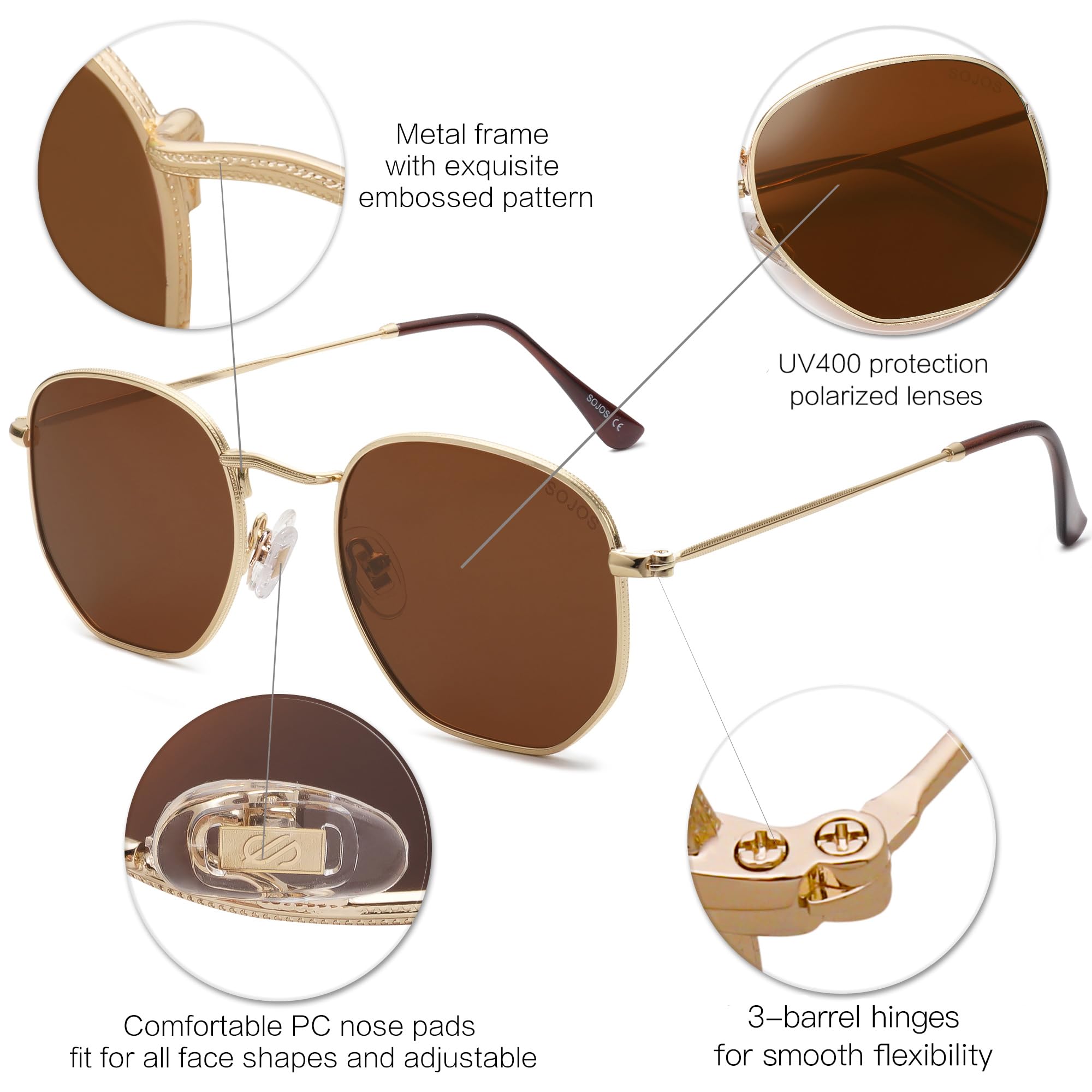 SOJOS Small Square Polarized Sunglasses for Men and Women Polygon Mirrored Lens SJ1072 with Gold Frame/Brown Lens