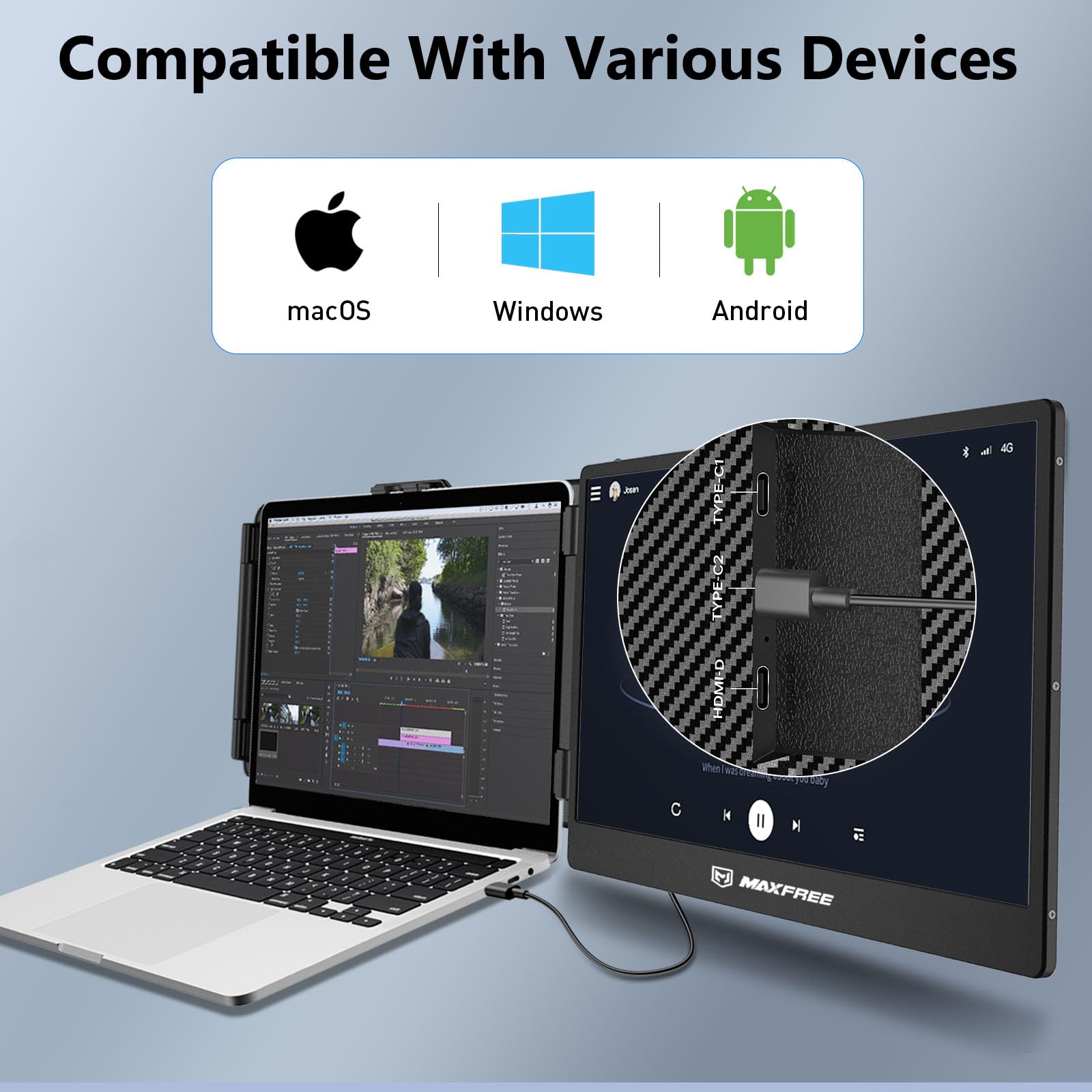 Maxfree S1 Laptop Screen Extender - 14'' Laptop Monitor Extender Dual Screen Plug & Play, 1080P FHD Portable Monitor for 13-17'' Laptops, Compatible with macOS/Windows/Dex/Android/Switch/PS5