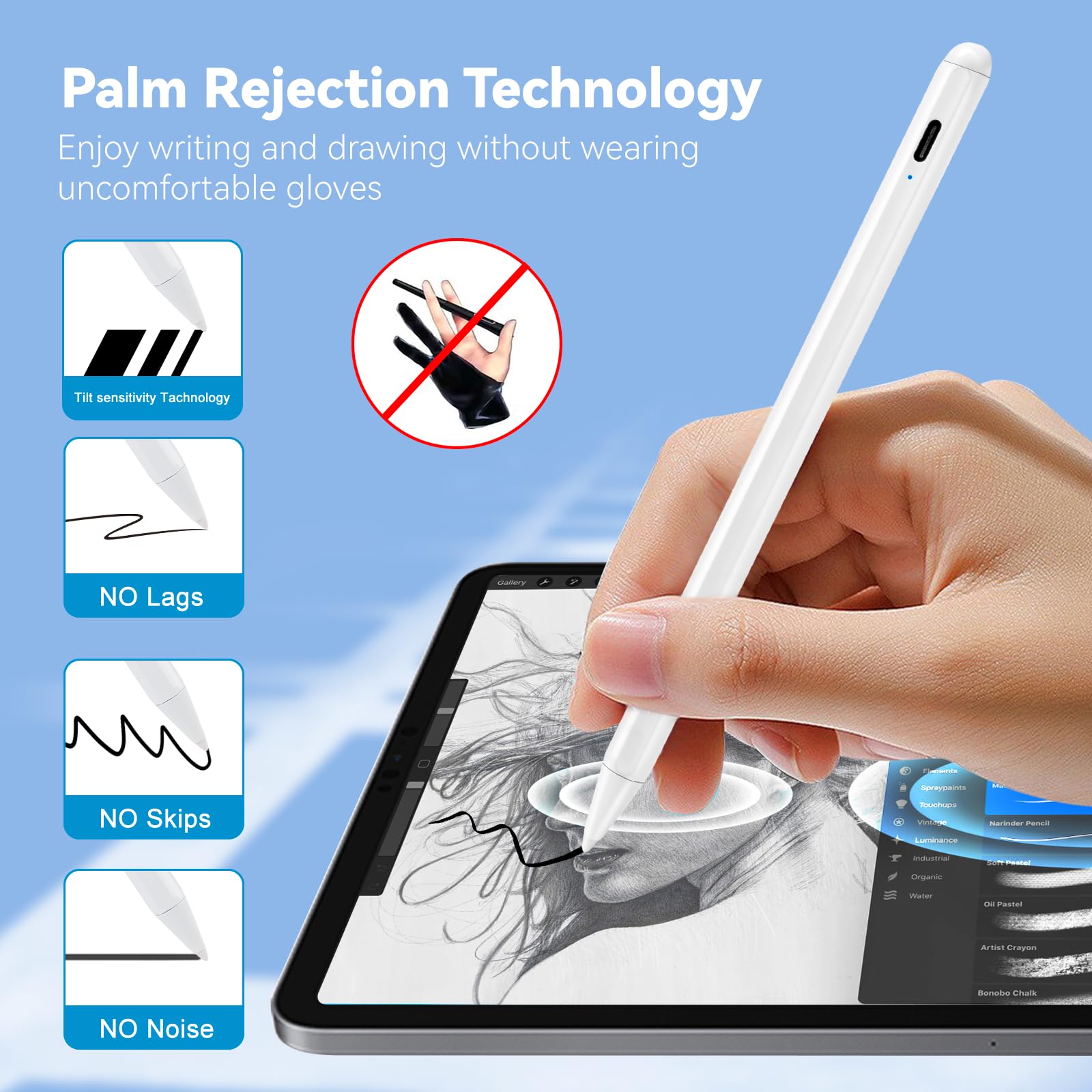 iPad Pro 11" Stylus Pencil,1.5mm Replaceable Pom Palm Rejection Tip Active Pen Compatible with Apple Magnetic Pencil for iPad Pro 11 Inch Stylus on Drawing Writing Sketching White