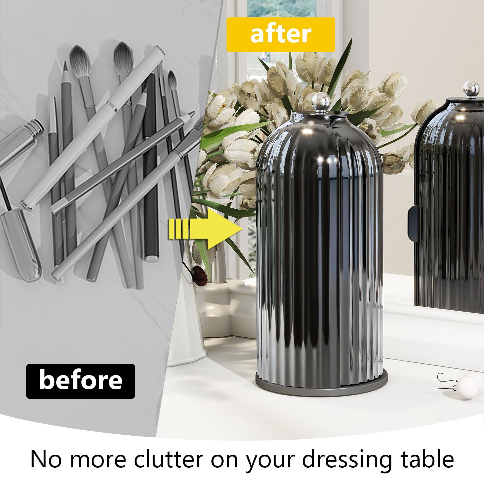 Emljkvp Makeup Brush Holder with Dustproof Cover 360 Rotating Makeup Brush Organizer for Vanity Bathroom, All Black