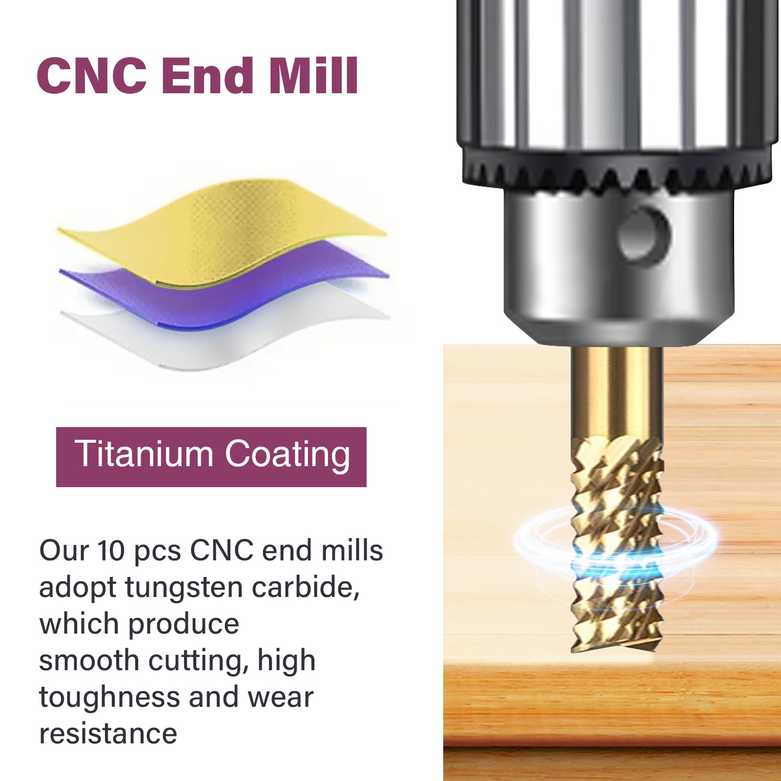 Titanium Coated Engraving Milling Cutter Carbide Bits, 0.8-3mm, 1/8'' Shank, 10 Pieces, for Dremel Rotary Tools