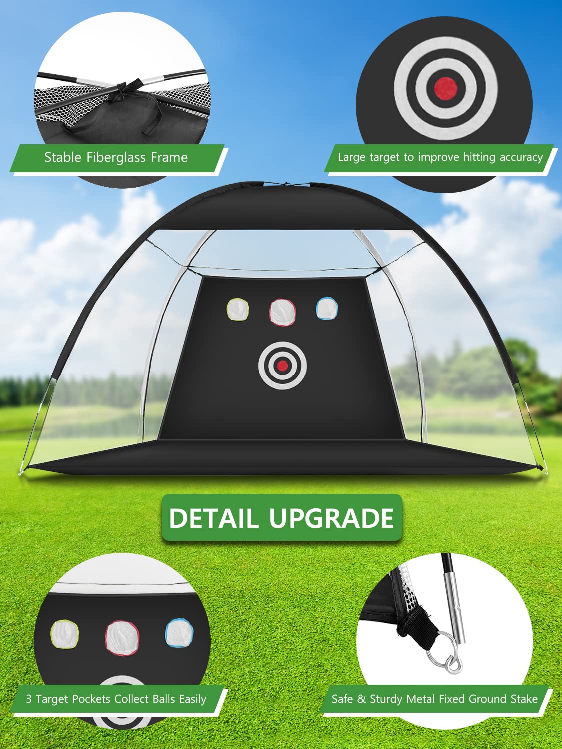 Golf Practice Net - 10x7ft Hitting Aid with Targets / 1 Mat / 5 Balls / 1 Tee / Bag - Men's Indoor/Outdoor Swing Trainer