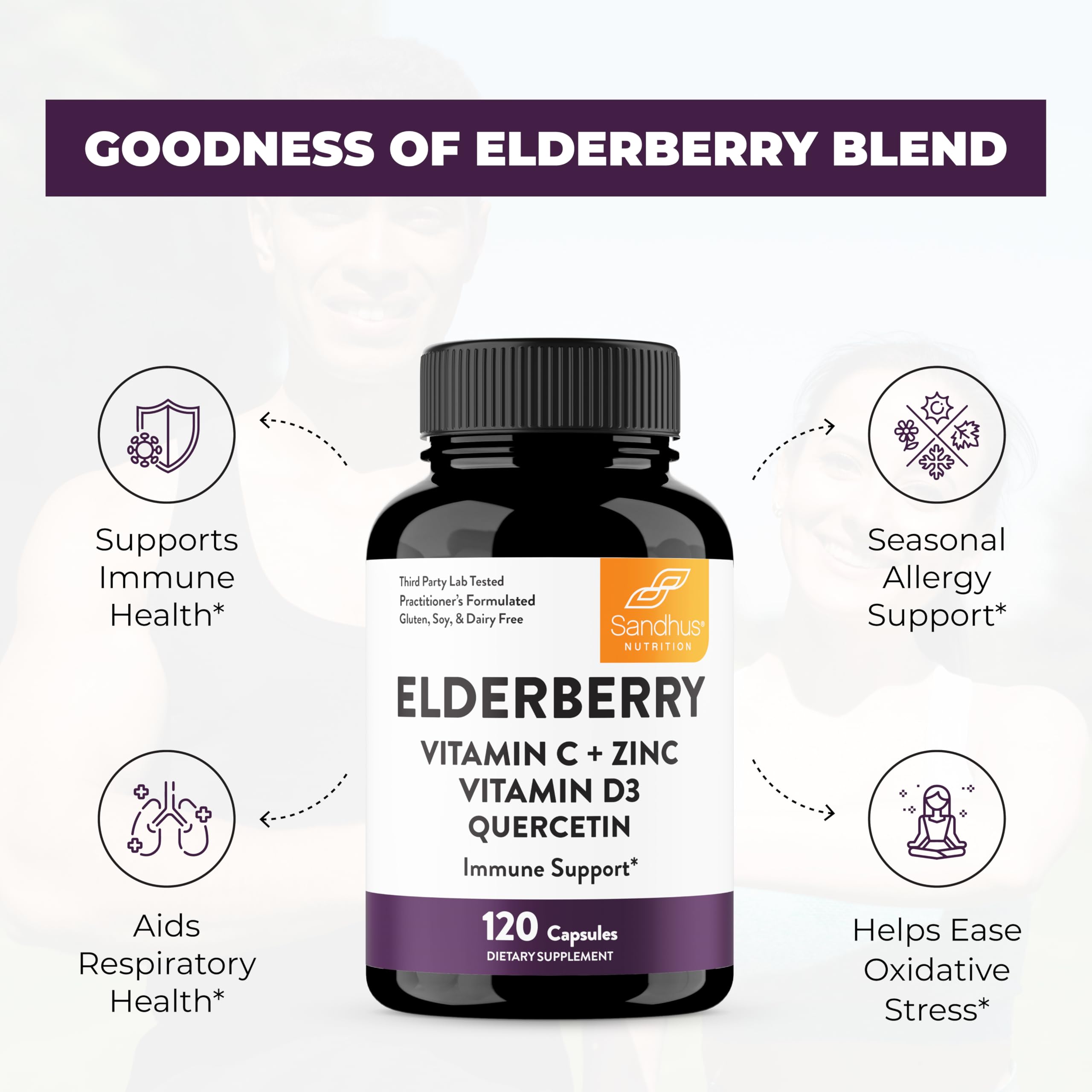 Elderberry Vitamin C and Zinc with Quercetin & Vitamin D3 | 6-in-1 Immunity Supplement | Sambucus Elder Berry Antioxidants Capsules for Adults | Supports Immune Health | 120 Count (Pack of 1)